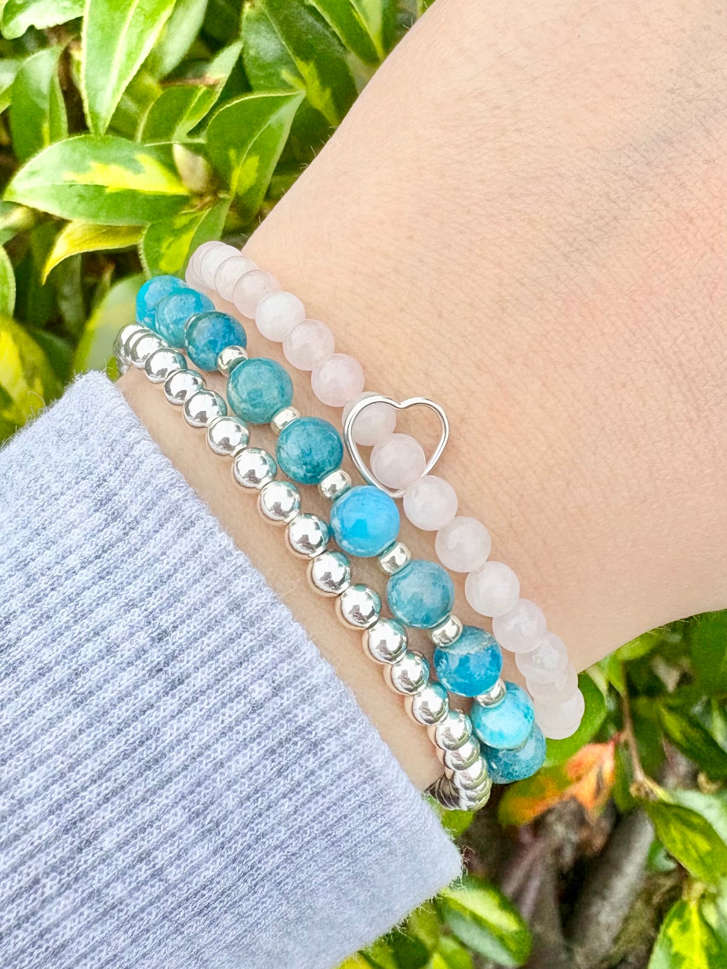 Apatite Gemstone and Silver Seed Beaded Stretch Bracelet