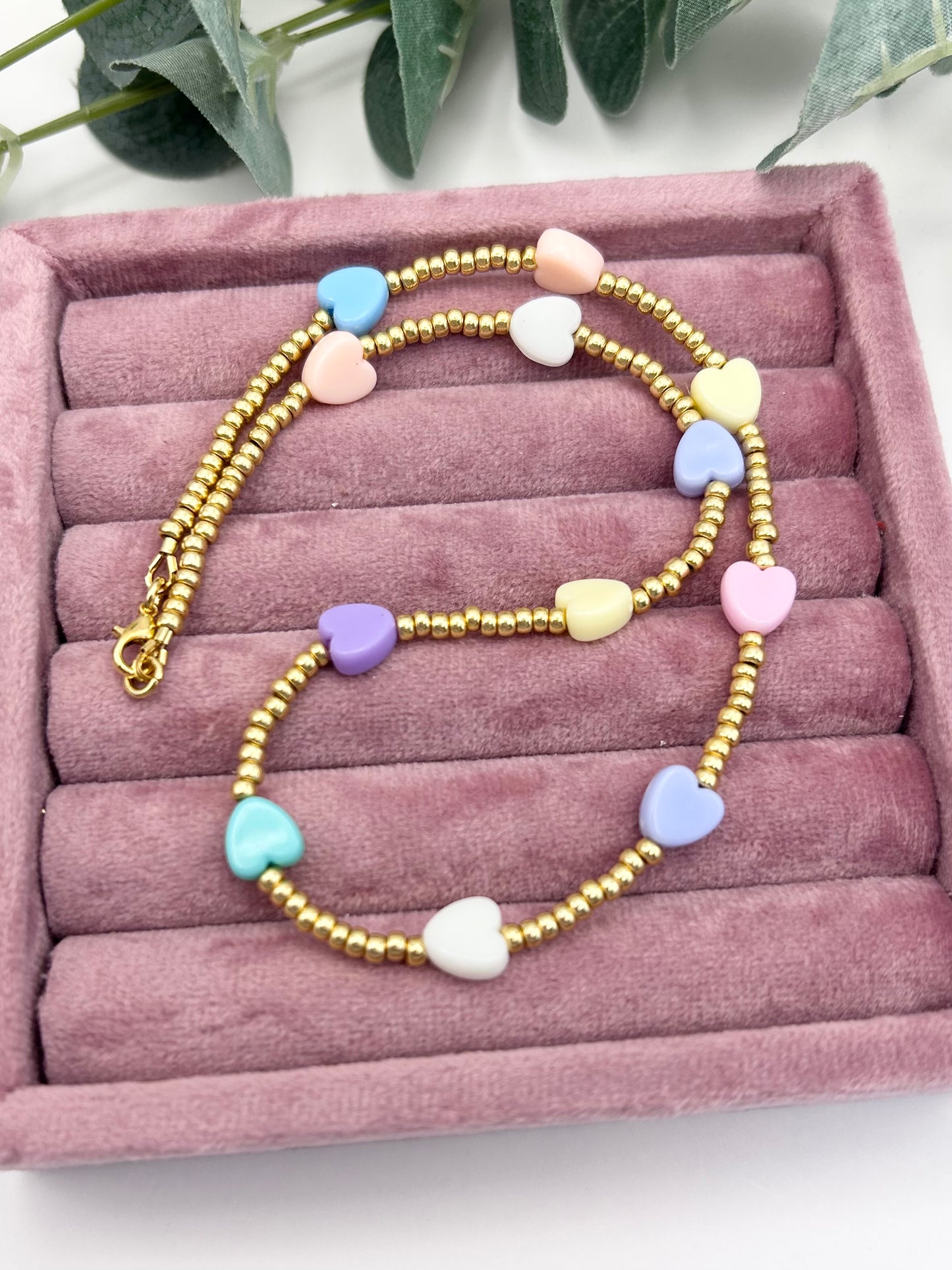 Pastel Heart Charm Seed Bead Necklace Kids - Gold or Silver