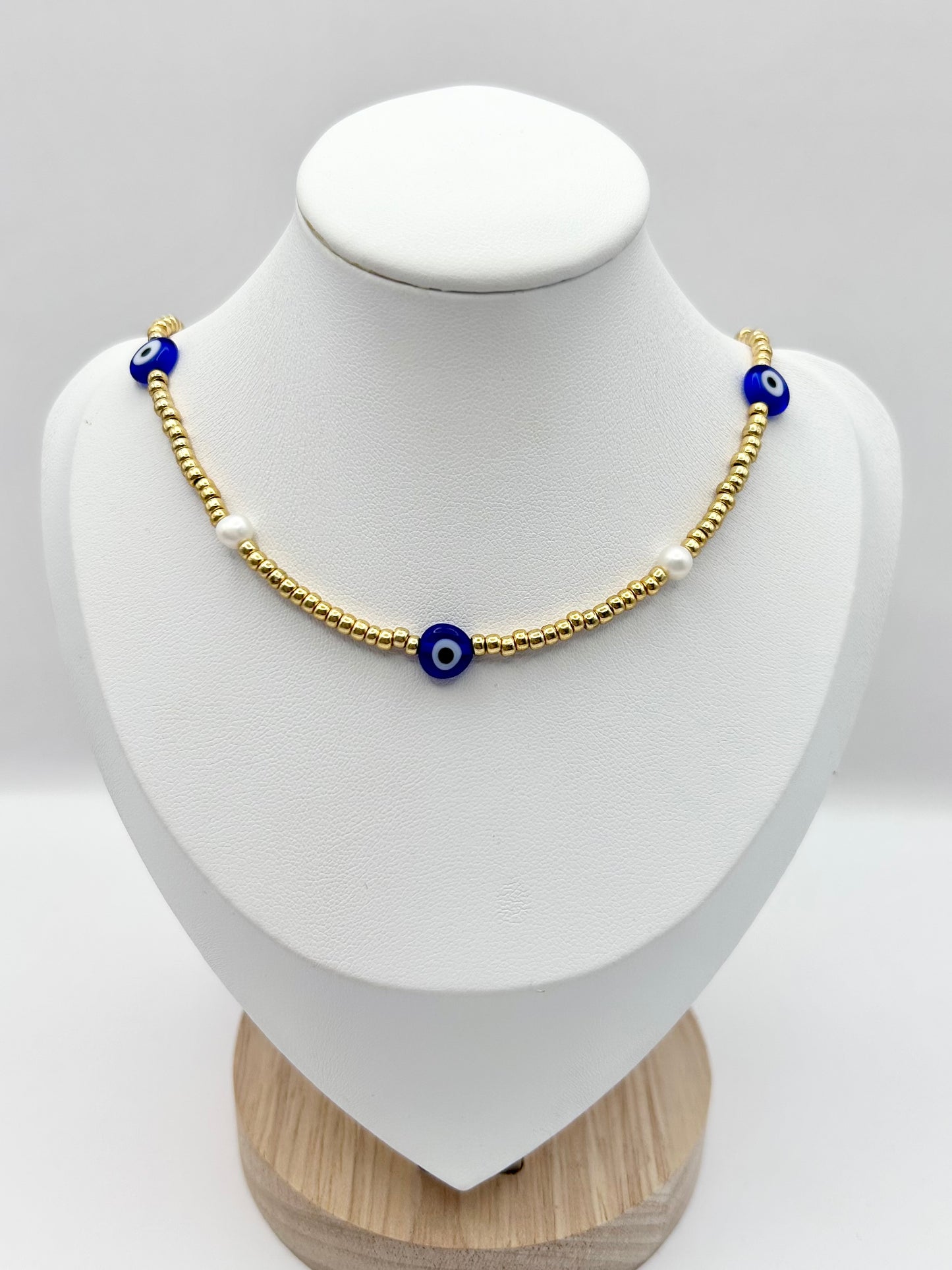Seed Bead Evil Eye Freshwater Pearl Necklace Gold or Silver-Plated