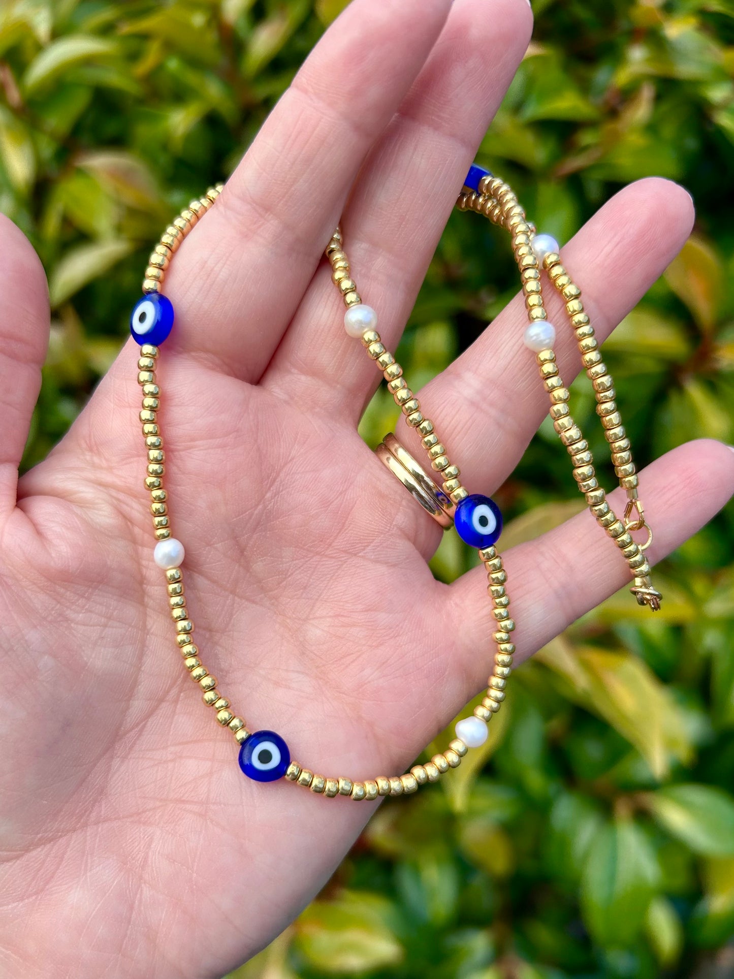 Seed Bead Evil Eye Freshwater Pearl Necklace Gold or Silver-Plated