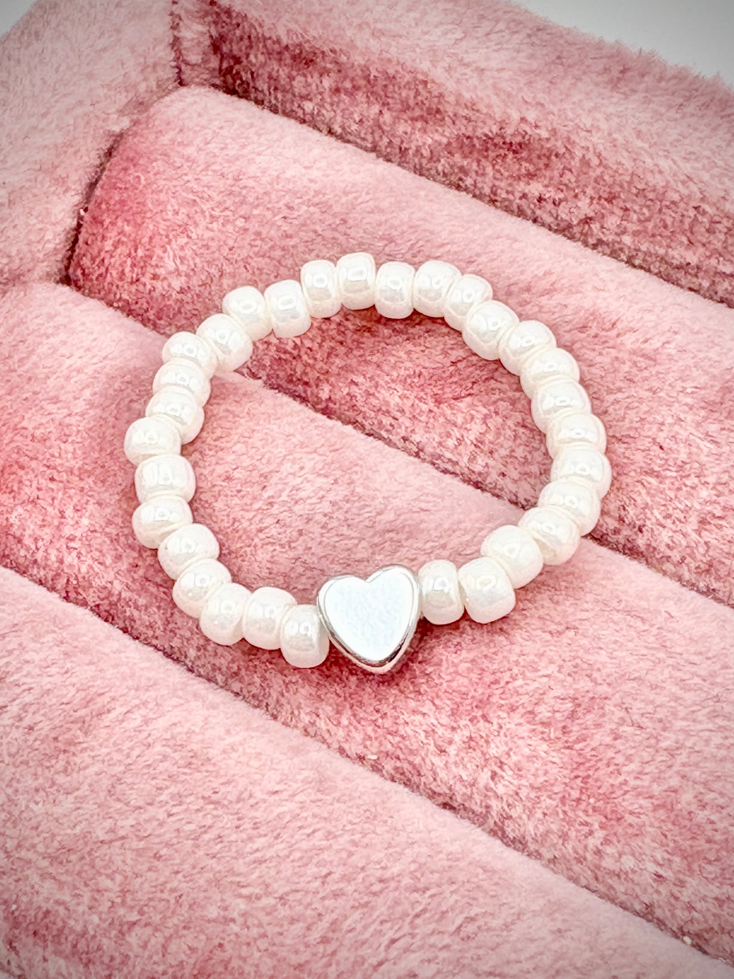 Pearl 3mm Seed Beaded Stretch Ring with Silver-Plated Heart Bead - Perfect For Stacking
