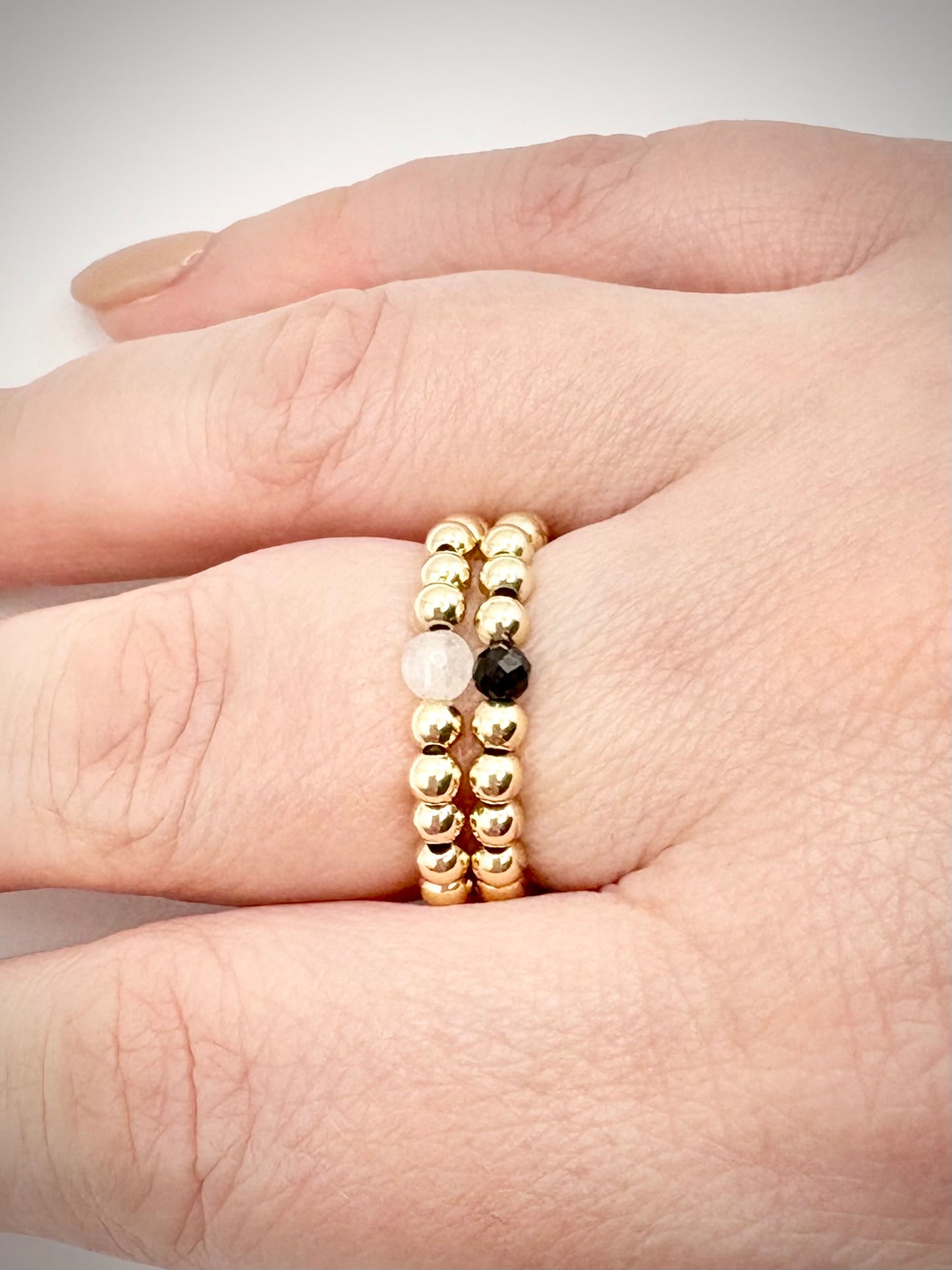 Luxe 14k Gold-filled 3mm Beaded Stretch Ring With Black Tourmaline - Perfect For Stacking