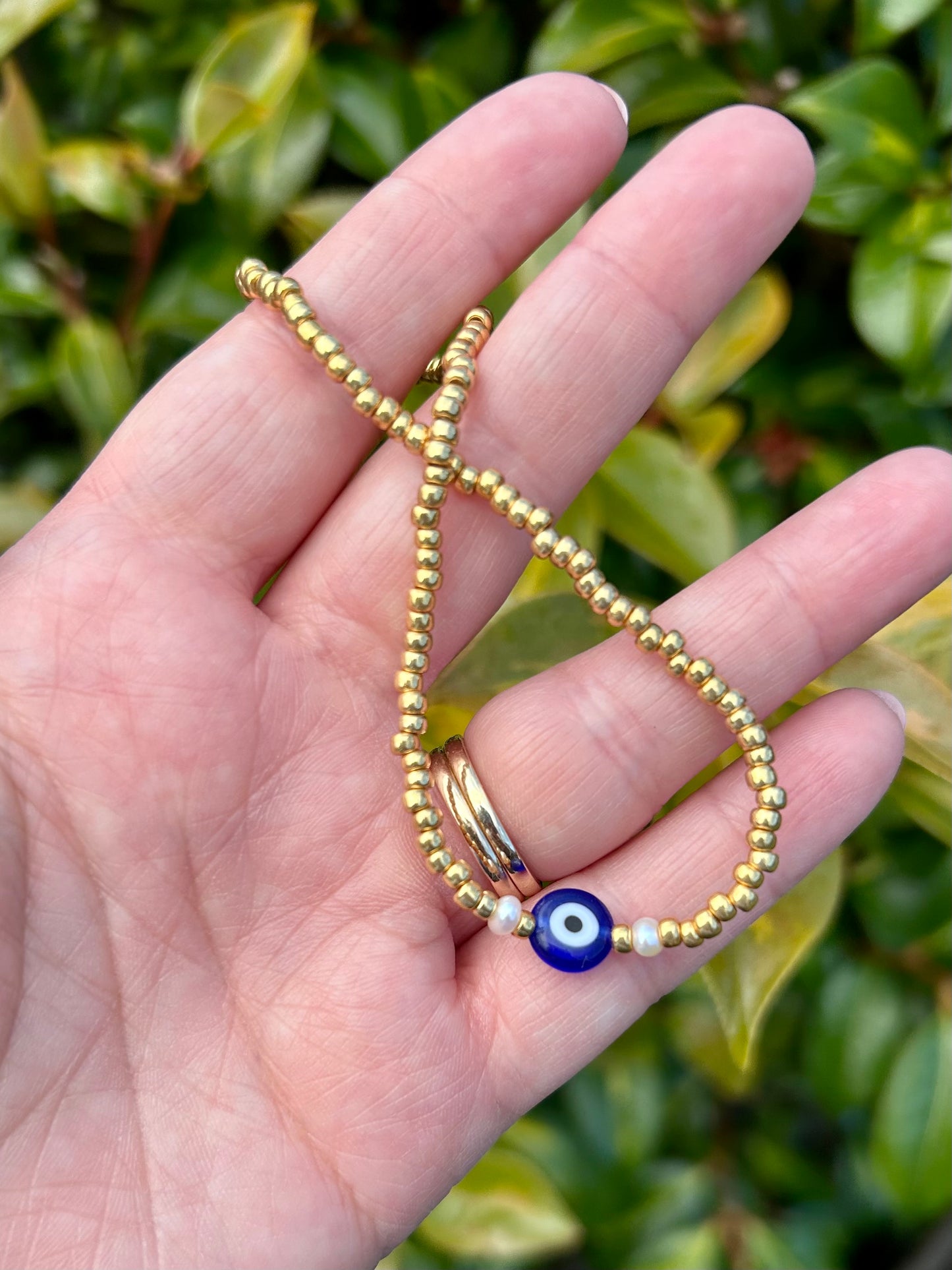 Seed Bead Evil Eye Freshwater Pearl Anklet Gold or Silver-Plated