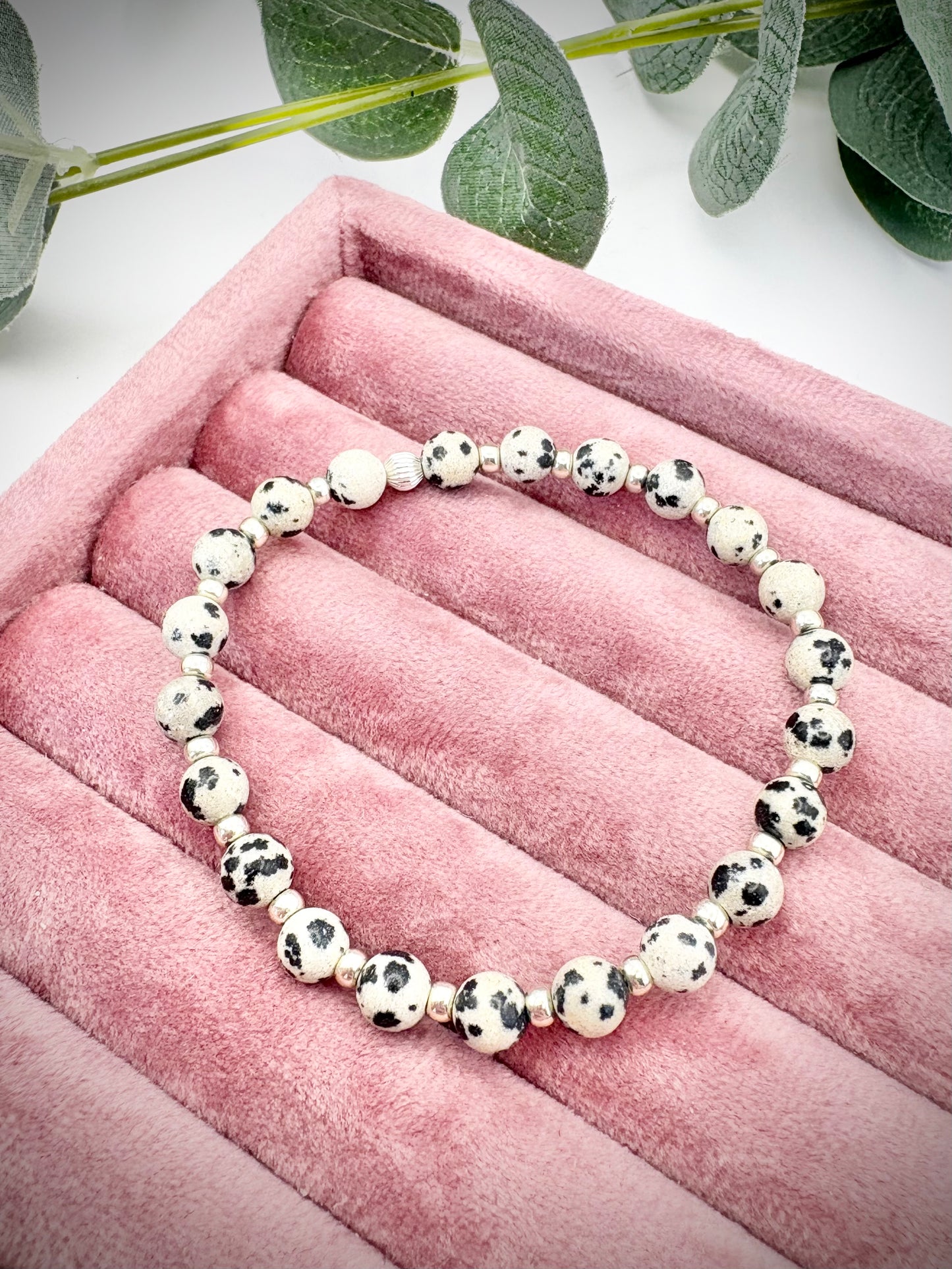 Dalmatian Jasper Gemstone and Silver Seed Beaded Stretch Bracelet