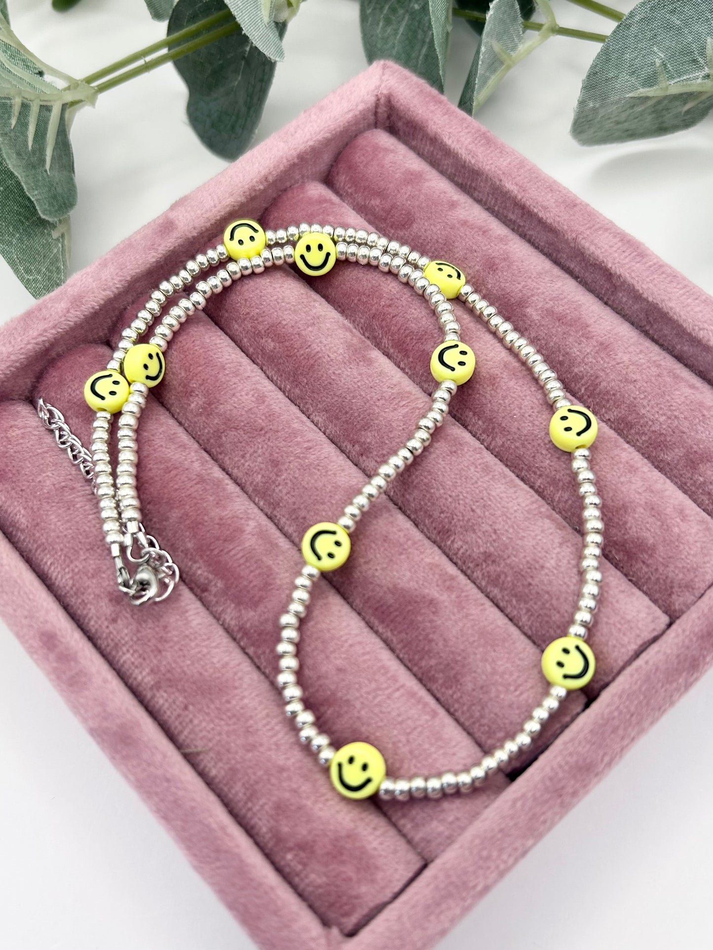 Smiley Face Seed Bead Necklace Silver or Gold-Plated