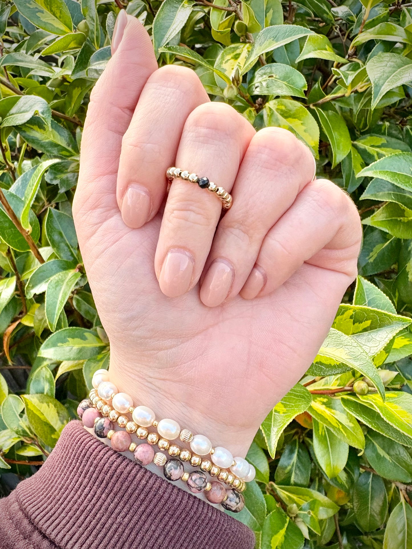 Luxe 14k Gold-filled 3mm Beaded Stretch Ring With Black Tourmaline - Perfect For Stacking