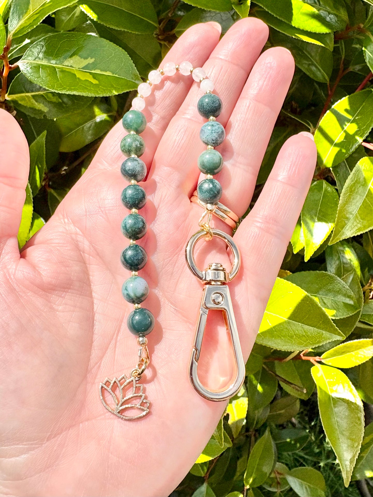 Breathing Beads Keyring - Green Moss Agate With White Jade