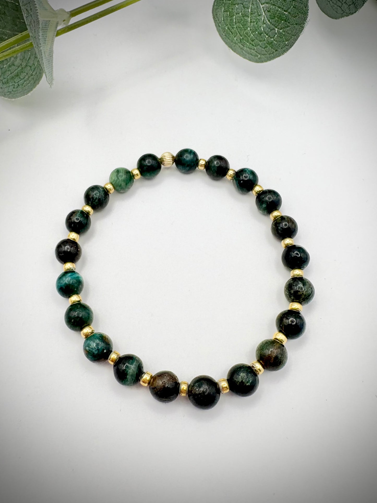 Zambian Emerald Gemstone and Gold Seed Beaded Stretch Bracelet