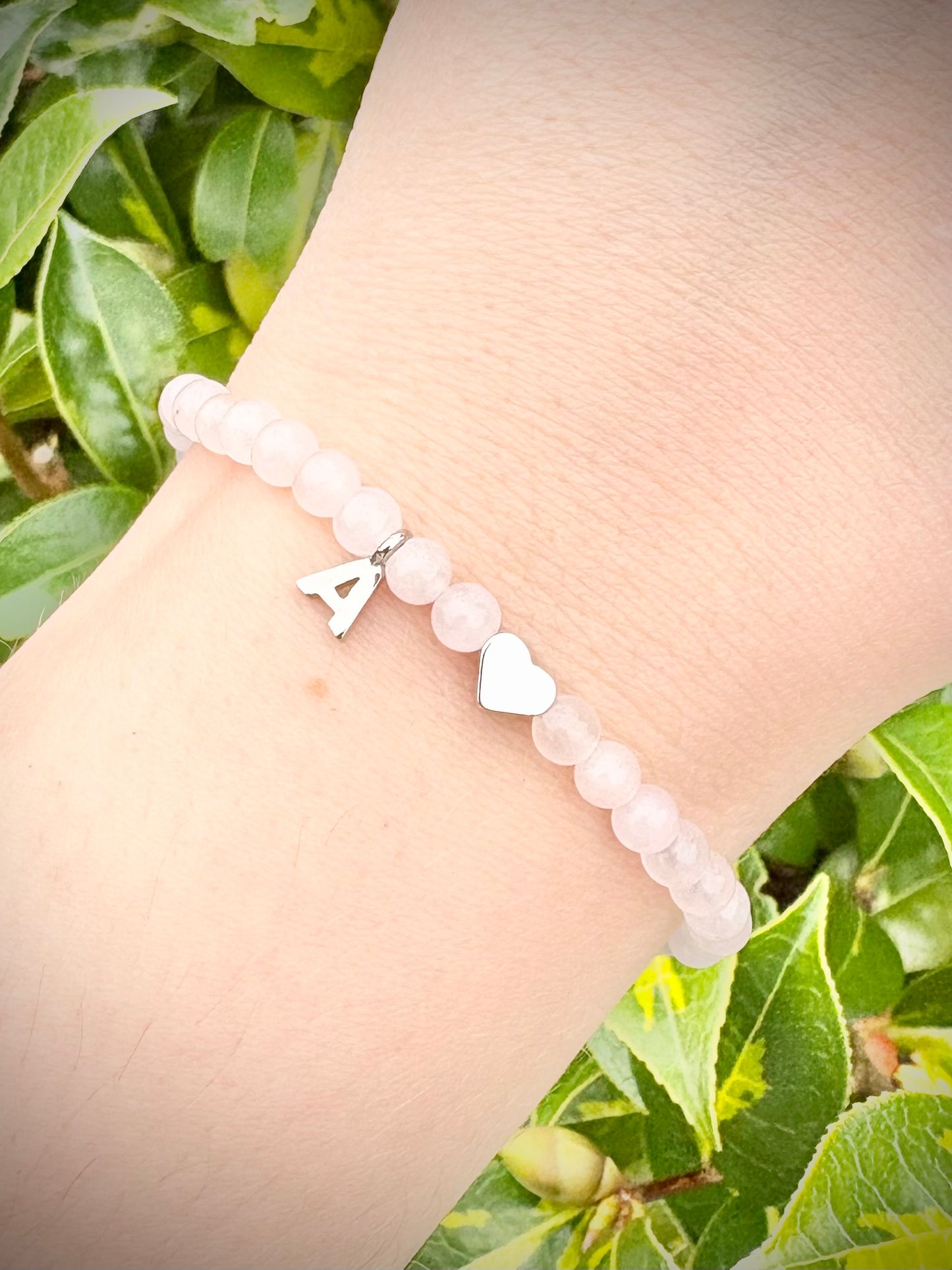 Handmade Rose Quartz Gemstone Bracelet with Initial and Heart Charm - Gold or Silver-Plated