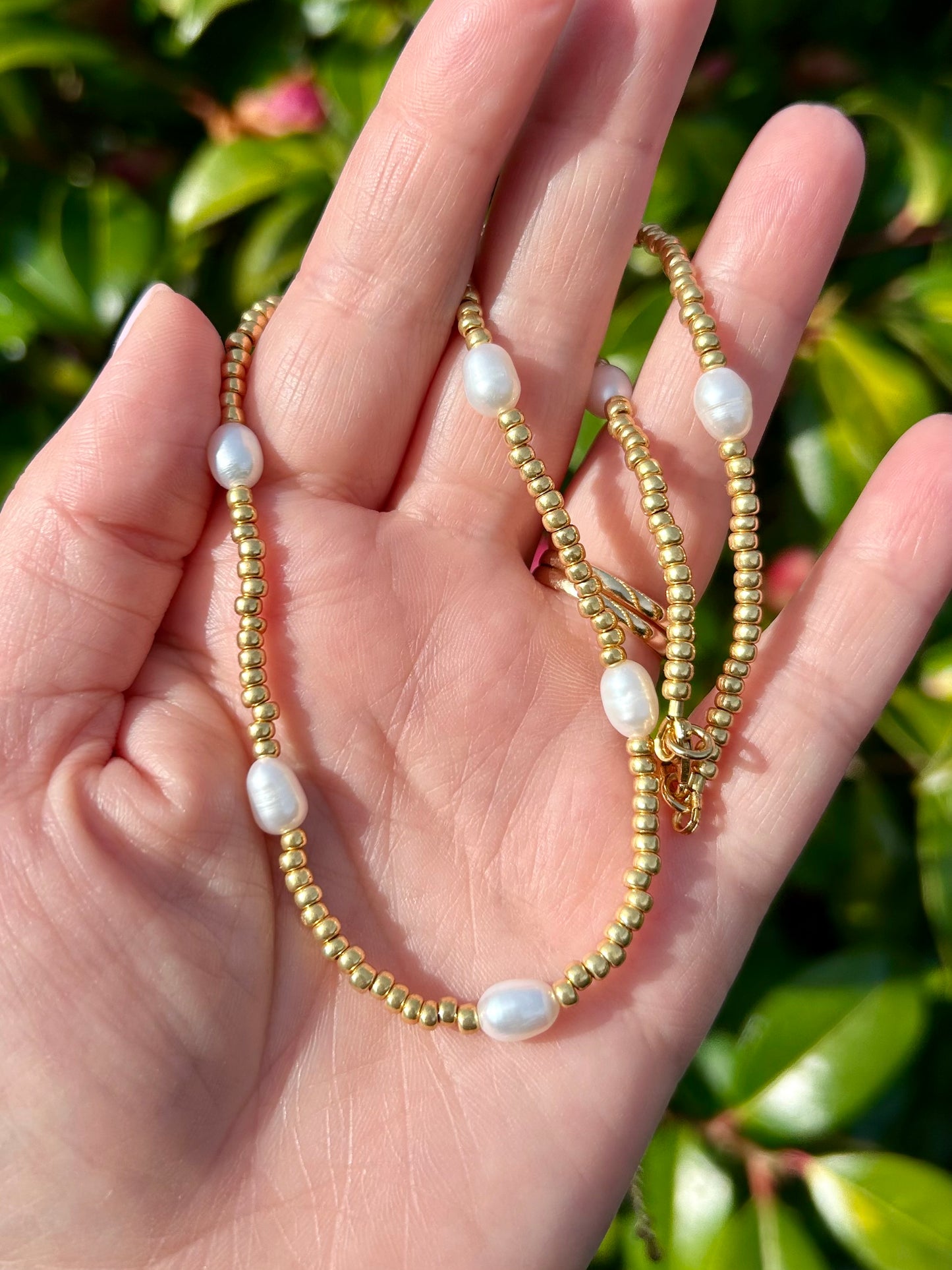 Seed Bead Freshwater Pearl Necklace Gold or Silver-Plated