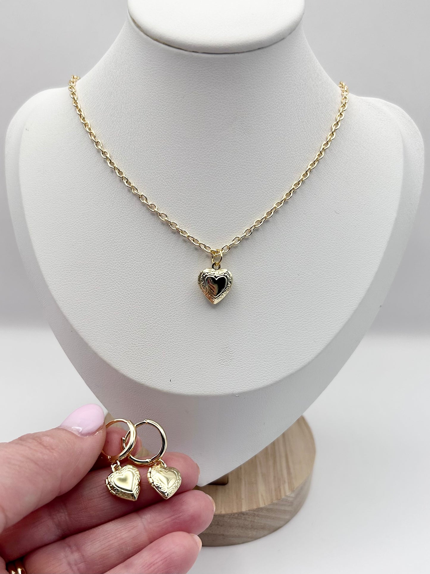 Gold vintage style heart locket bracelet and earrings set - SALE