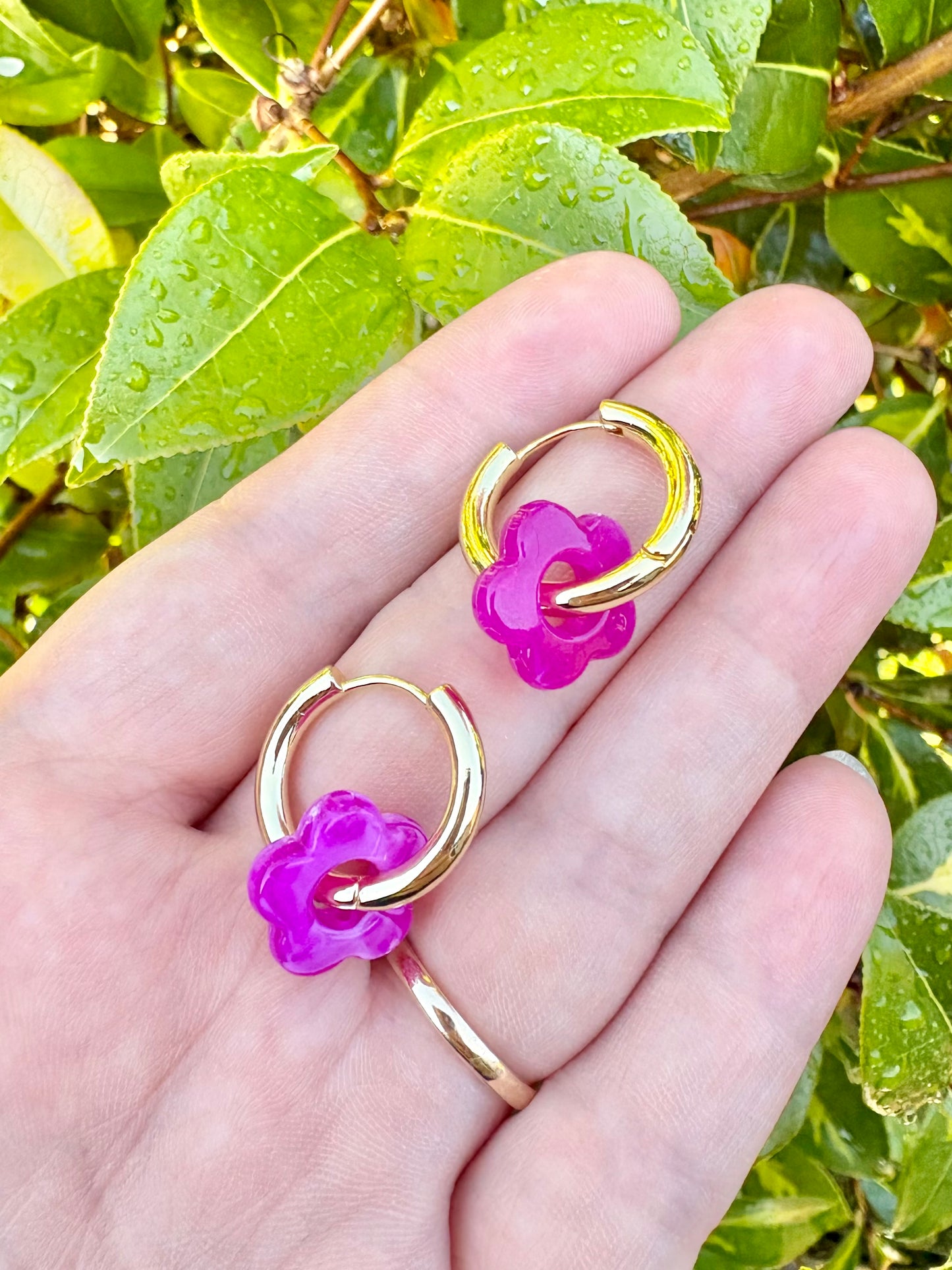 Pink & Gold Flower Charm Hoop Earrings SALE