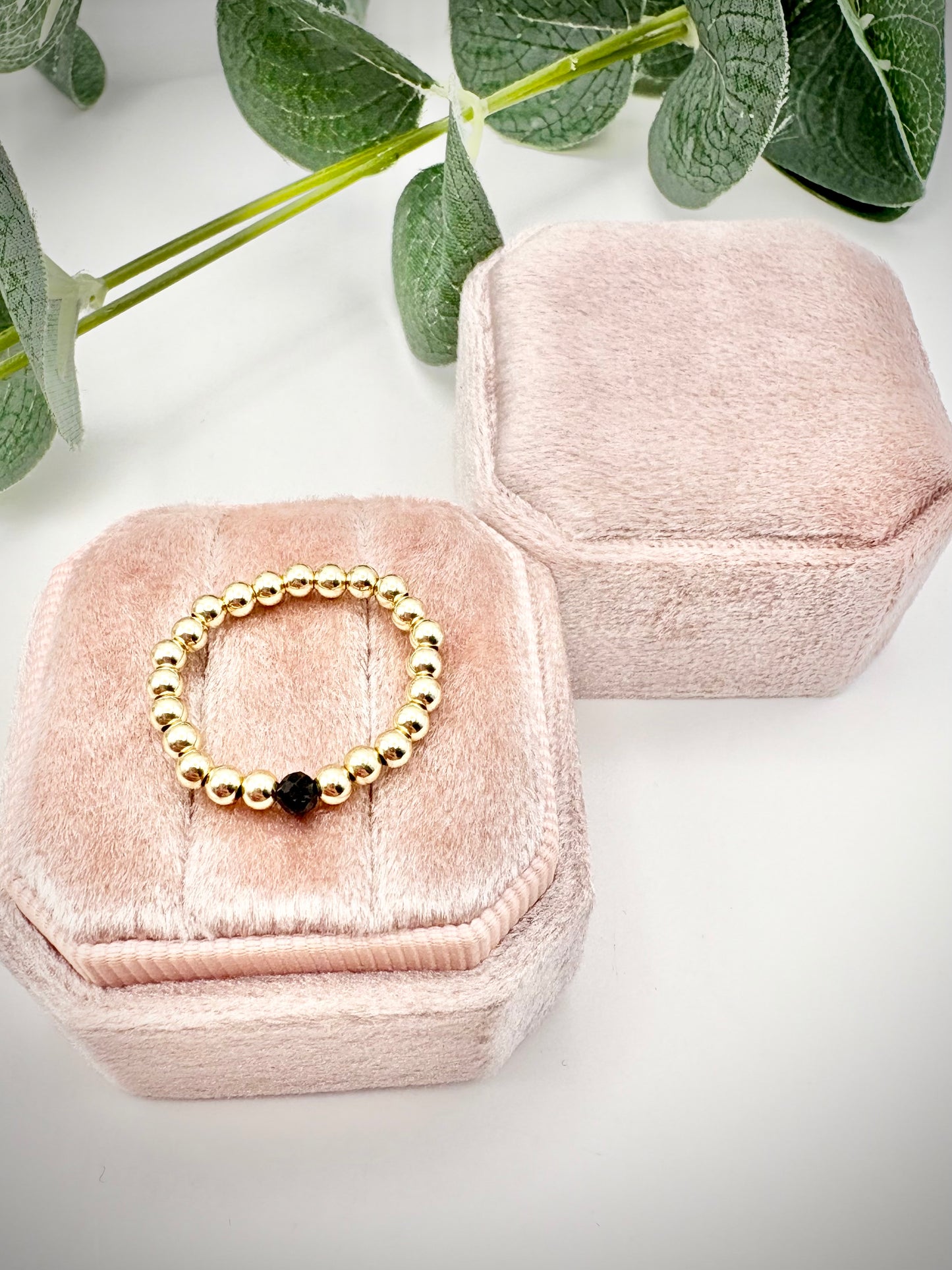 Luxe 14k Gold-filled 3mm Beaded Stretch Ring With Black Tourmaline - Perfect For Stacking