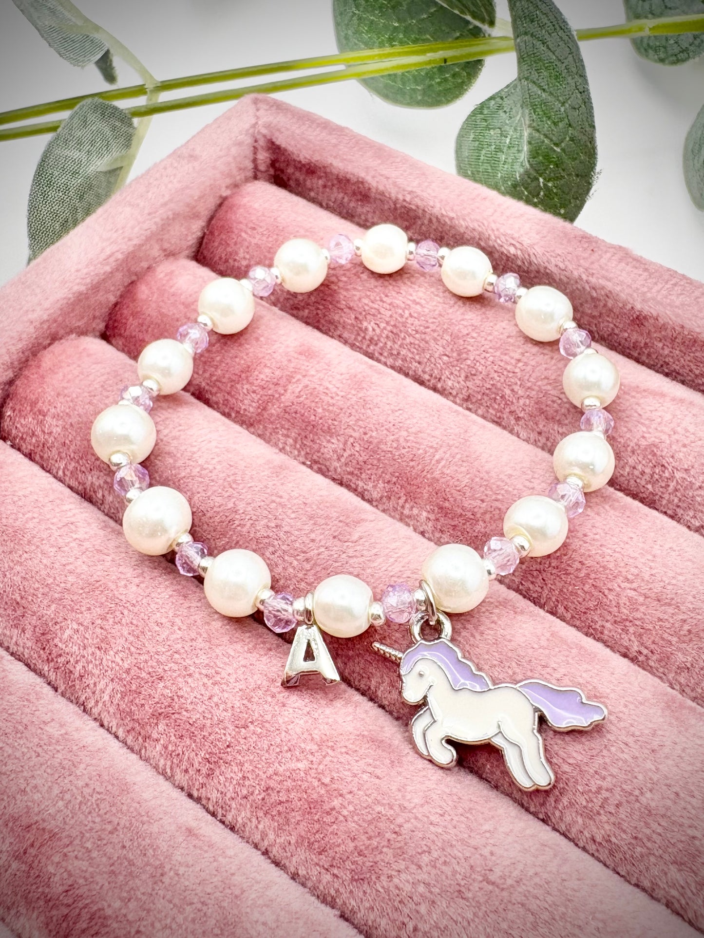 Kids Personalised Pearl, Crystal & Unicorn Charm Bracelet Silver