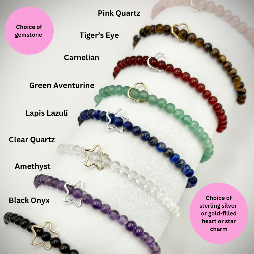 Handmade Gemstone Bracelet with Heart or Star Charm - Sterling Silver or Gold-filled