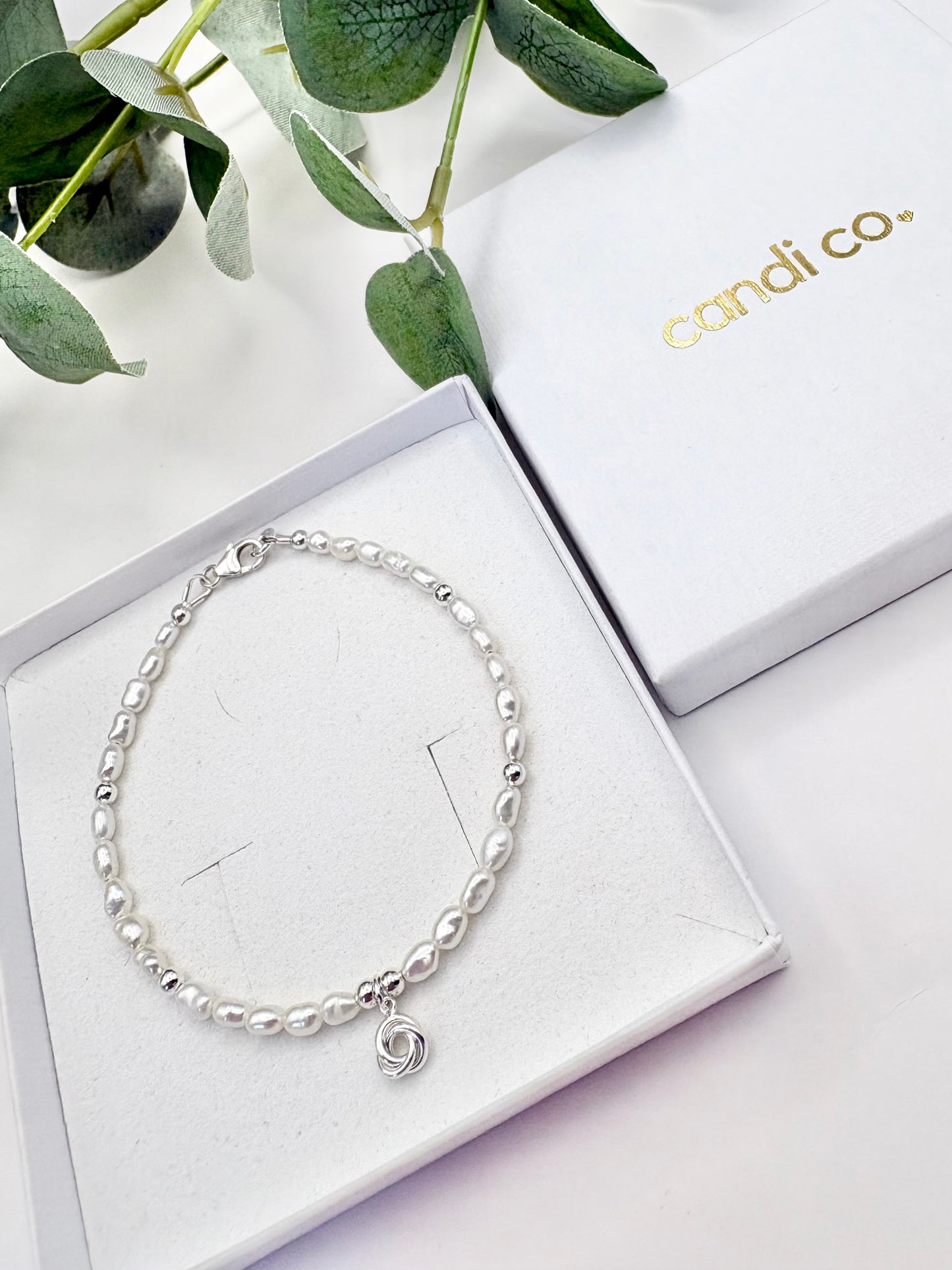 Freshwater Pearl Bracelet with Knot Charm - Sterling Silver
