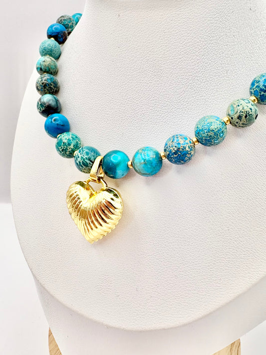 Turquoise Gemstone and Puffy Heart Pendant Necklace