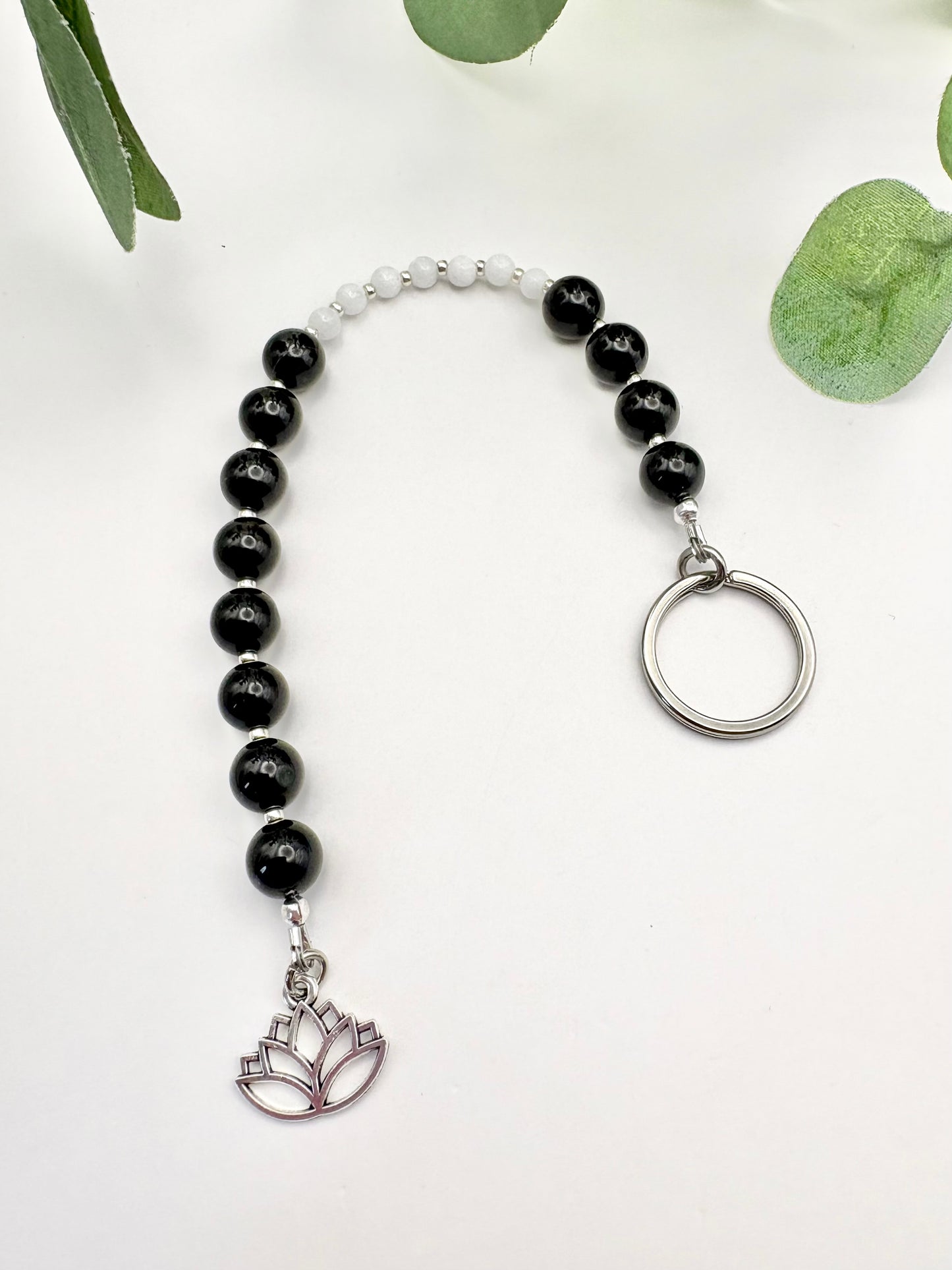 Breathing Beads Keyring - Black Onyx with White Malaysian Jade