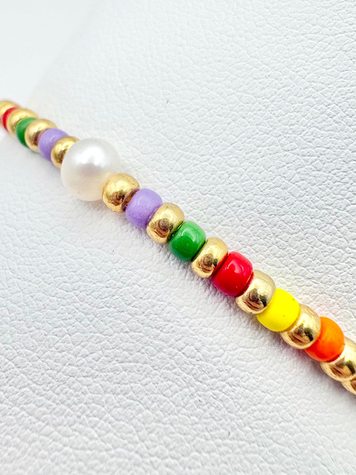 Colourful Seed Bead & Freshwater Pearl Bracelet - Gold