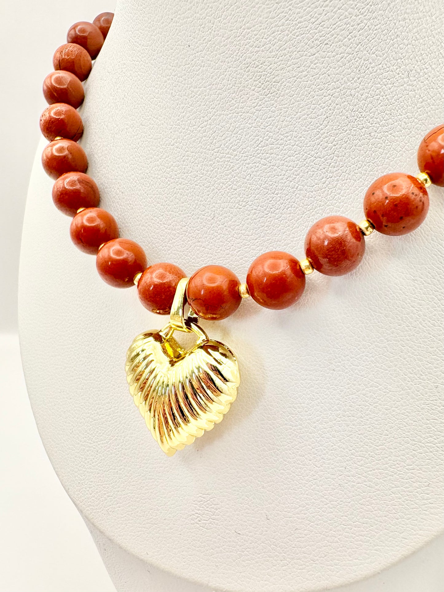 Red Gemstone and Puffy Heart Pendant Necklace