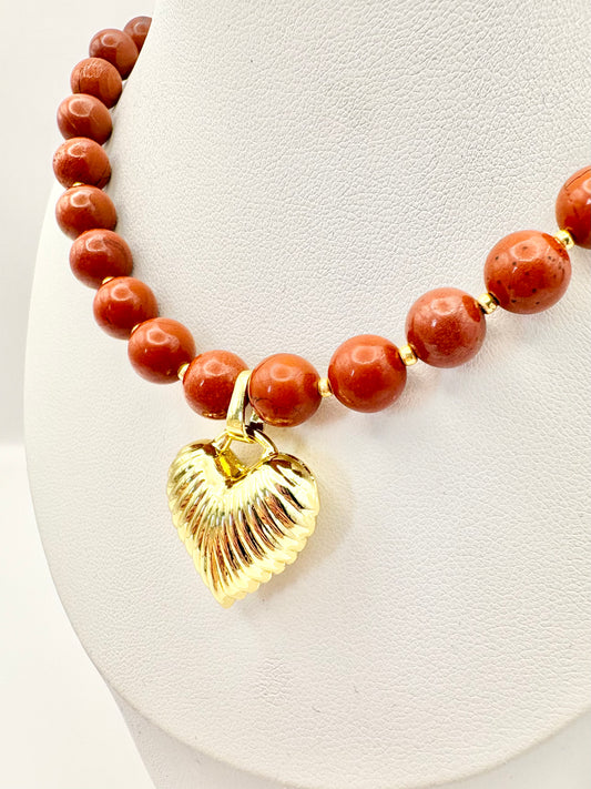 Red Gemstone and Puffy Heart Pendant Necklace