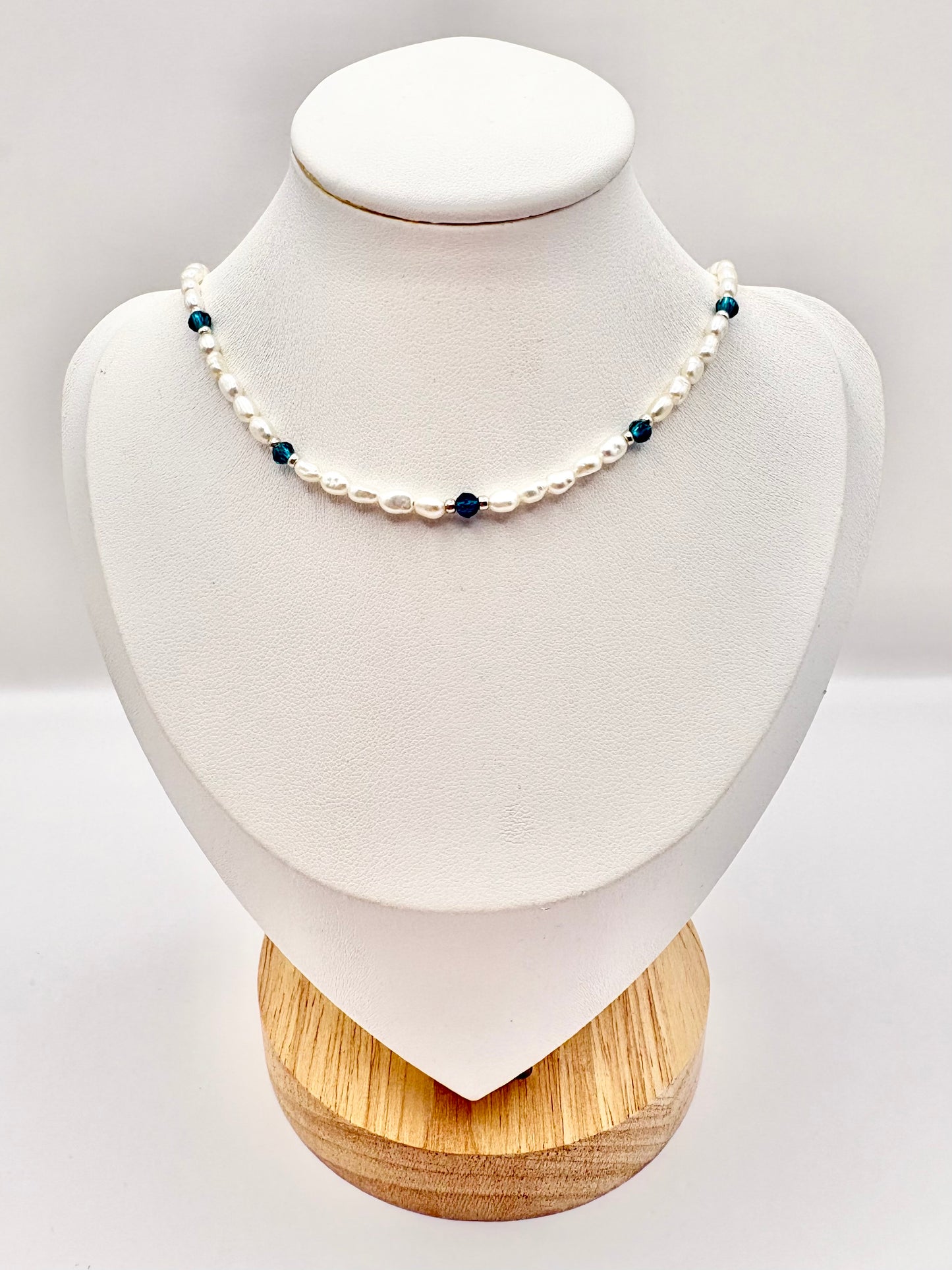 Freshwater Pearl and Turquoise Crystal Necklace - Sterling Silver SALE