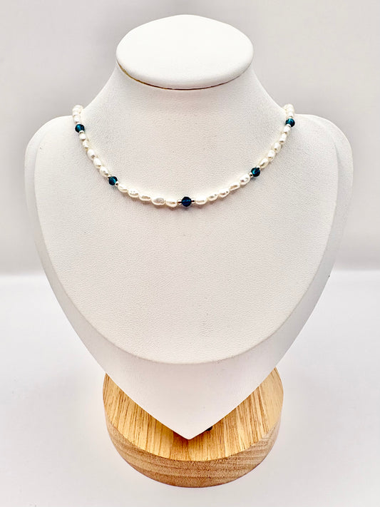 Freshwater Pearl and Turquoise Crystal Necklace - Sterling Silver SALE