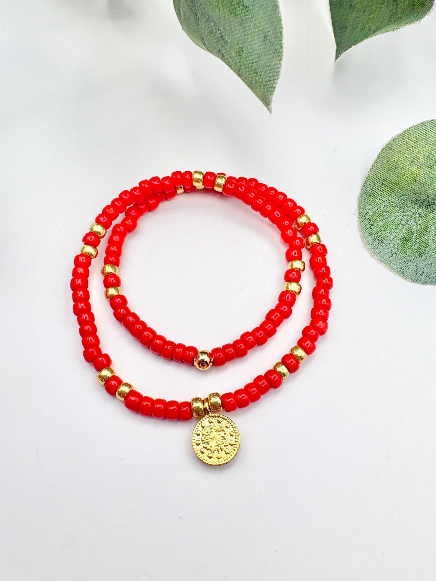 Boho Coin Seed Bead Anklet - Red, Turquoise or White