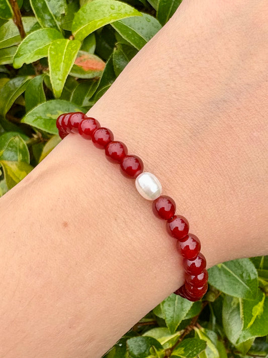 Carnelian Gemstone and Freshwater Pearl Bracelet - Silver-plated or Sterling Silver
