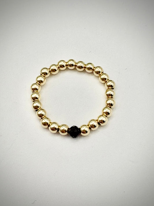 Luxe 14k Gold-filled 3mm Beaded Stretch Ring With Black Tourmaline - Perfect For Stacking