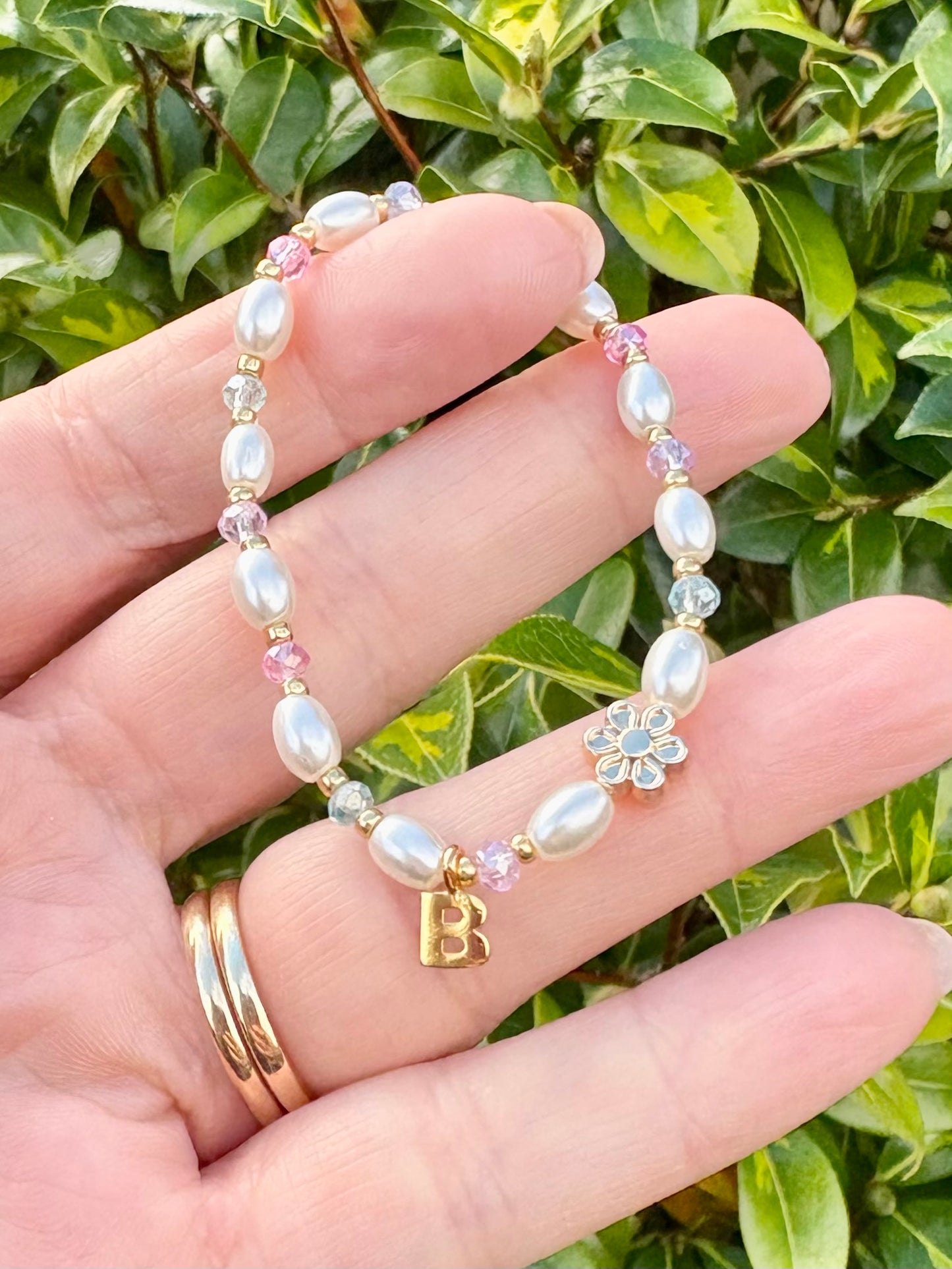 Personalised Glass Pearl & Crystal Flower Girl Bracelet Kids - Gold