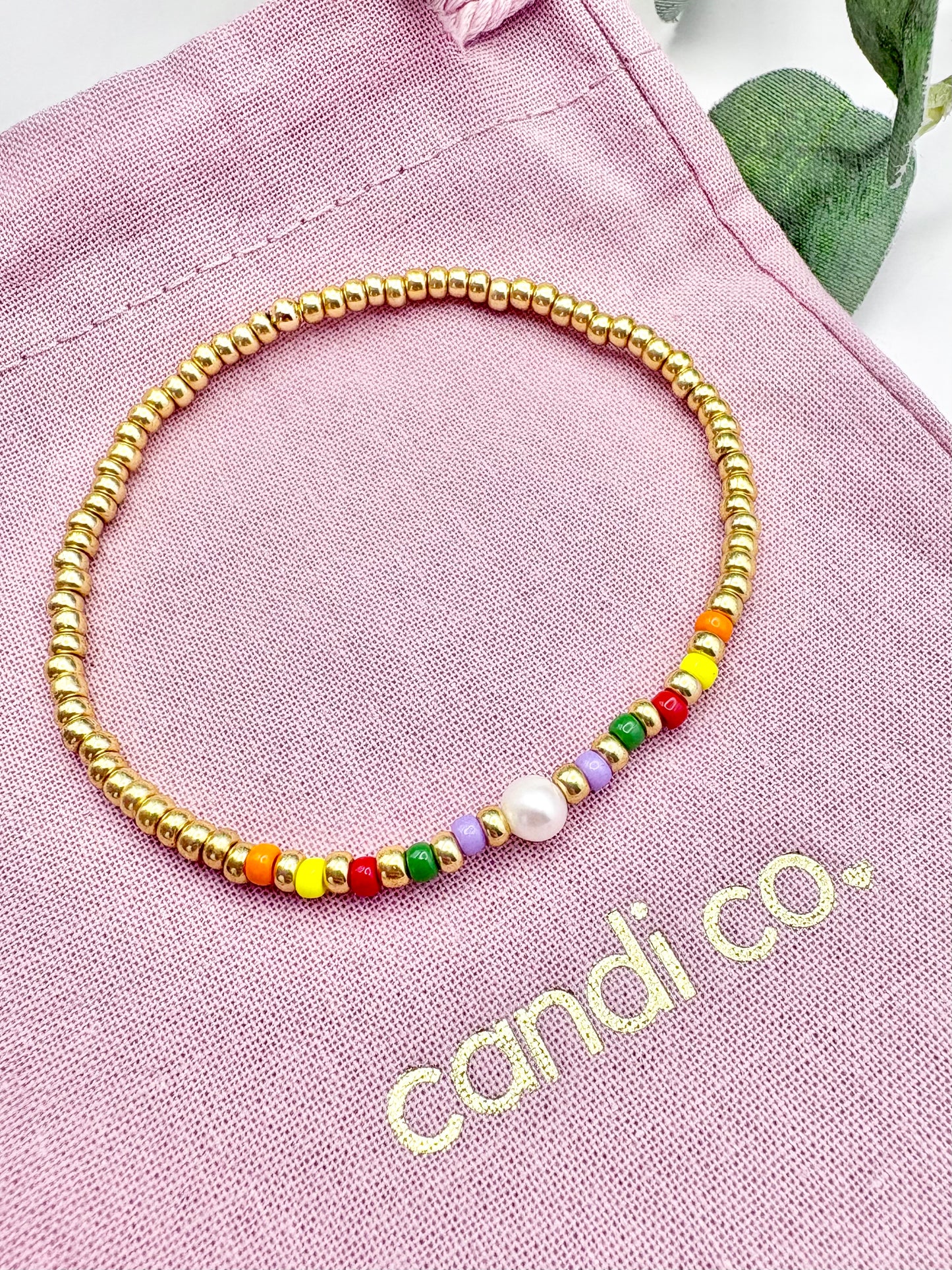 Colourful Seed Bead & Freshwater Pearl Bracelet - Gold