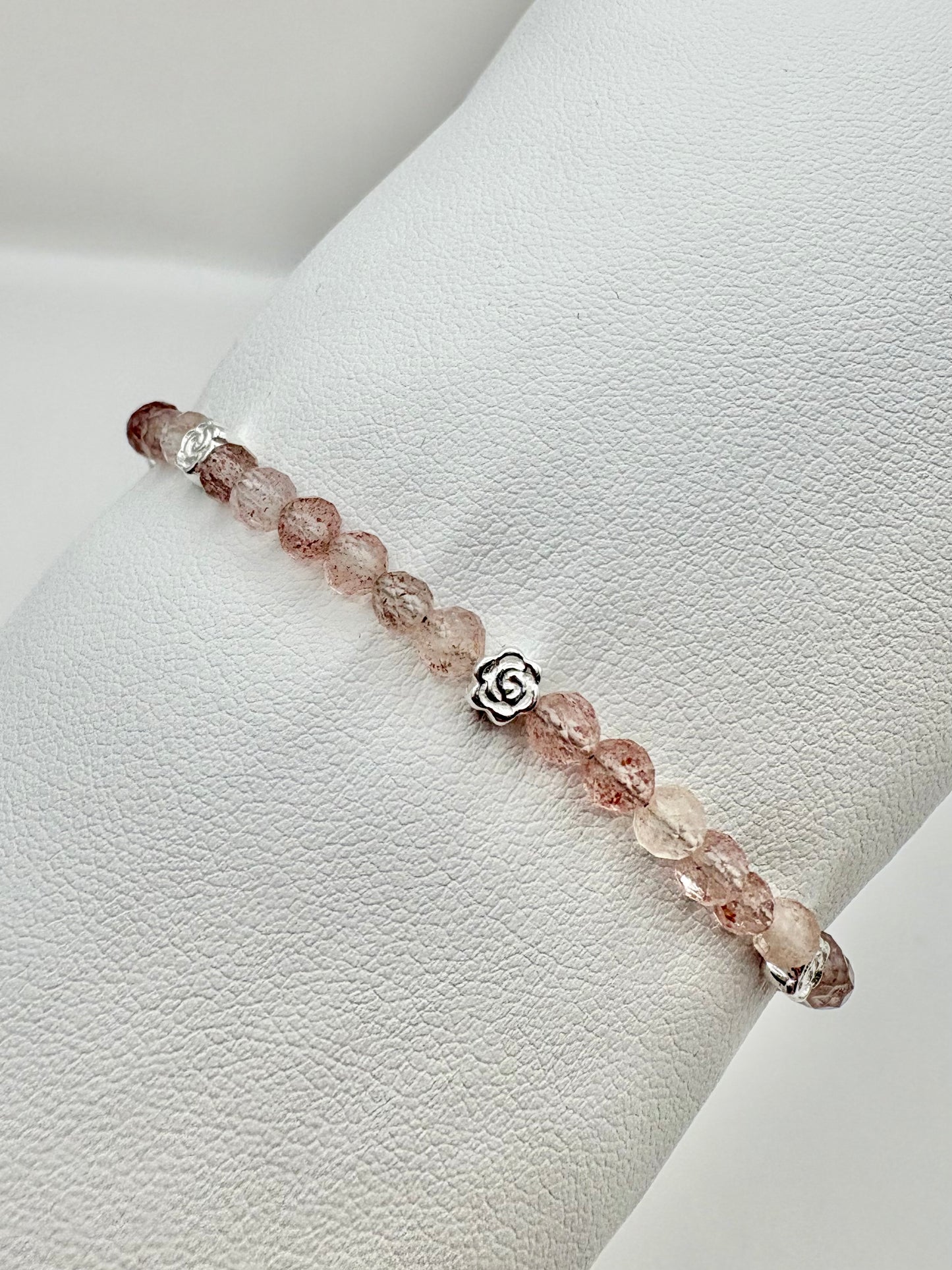 Strawberry Quartz Bracelet with Rose Charms - Sterling Silver