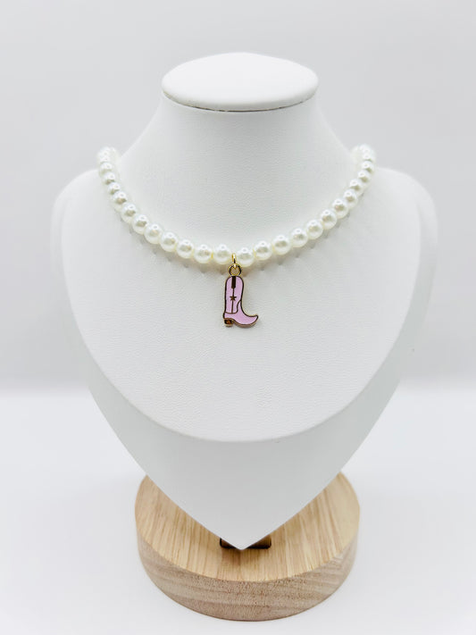 Pearl pink enamel cowboy boot charm necklace - SALE