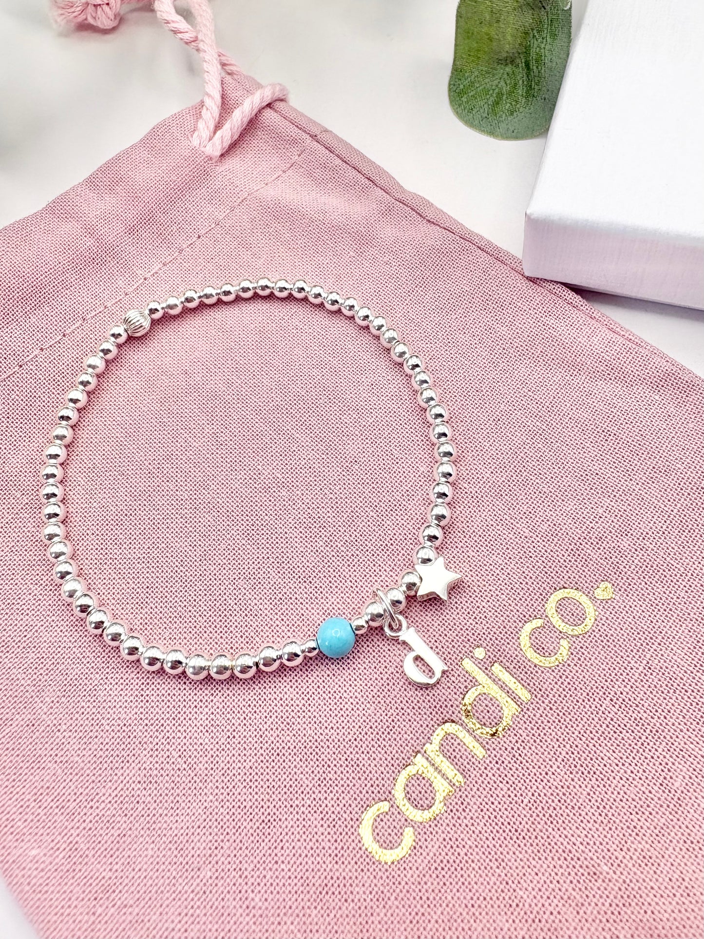 Initial, Birthstone and Charm Beaded Bracelet - Sterling Silver