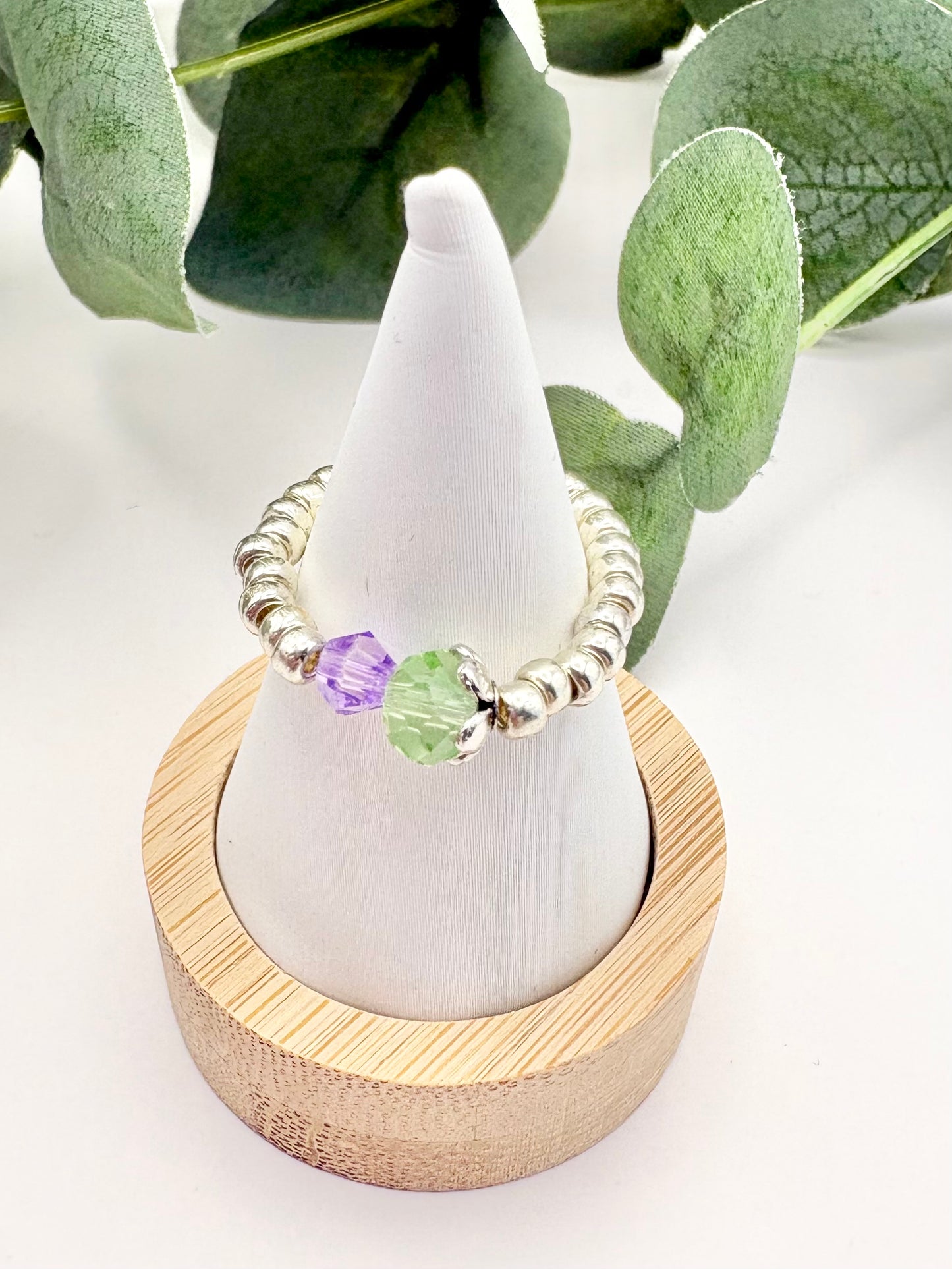 Thistle Seed Beaded Stretch Ring - Silver