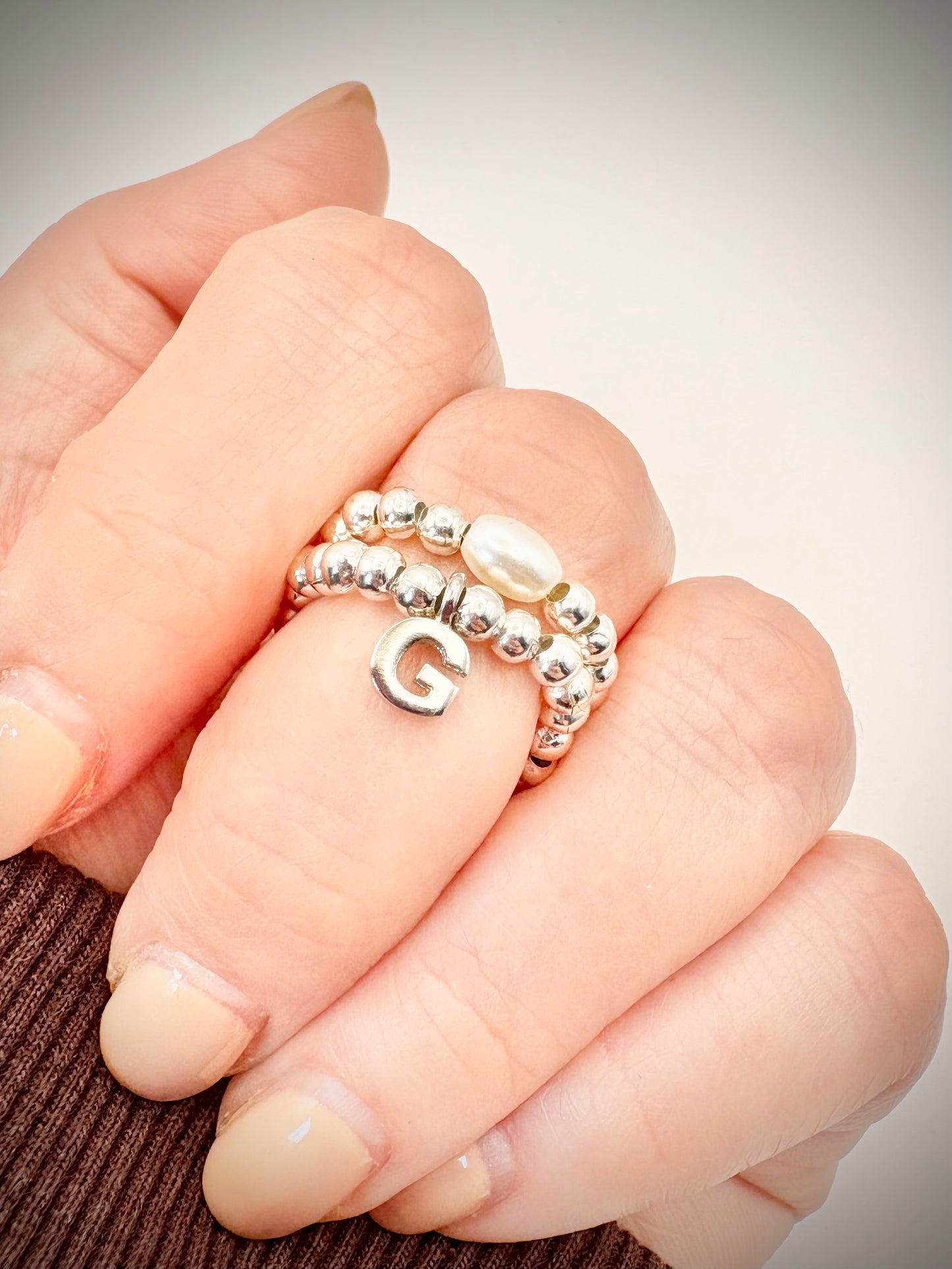 Beaded Stretch Ring with Initial - Gold or Silver-Plated