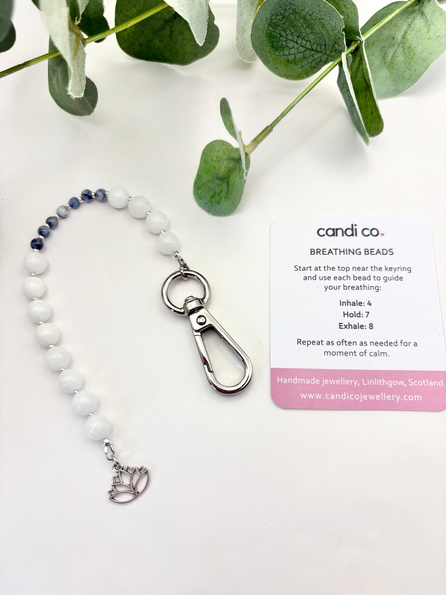 Breathing Beads Keyring - White Malaysian Jade with Blue Spot Jasper