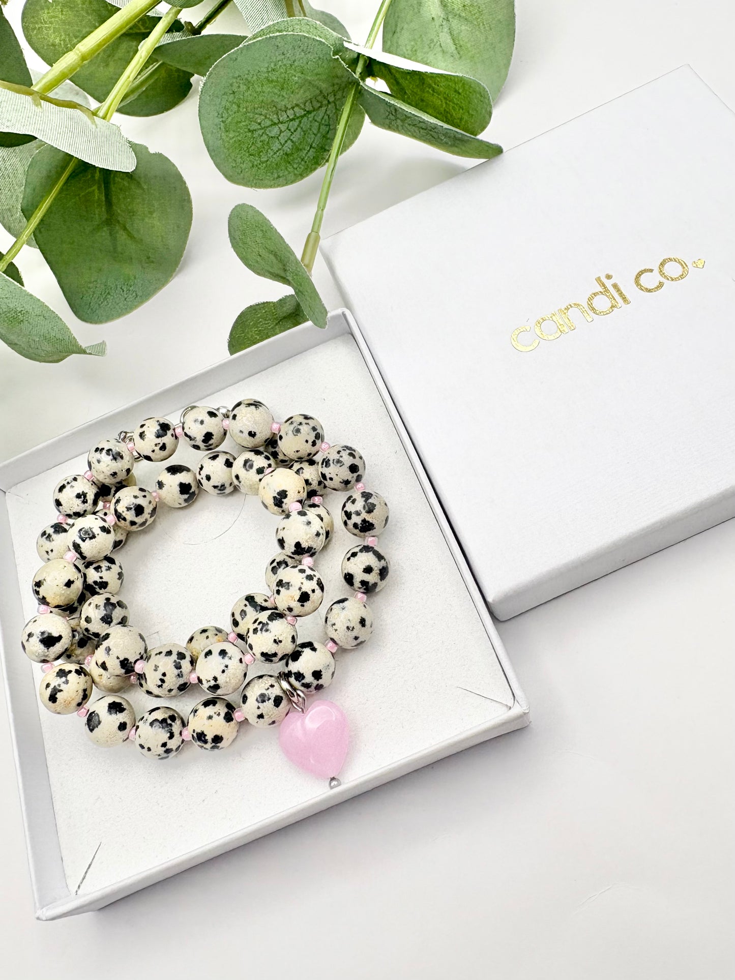 Dalmatian Jasper & Pink Heart Necklace
