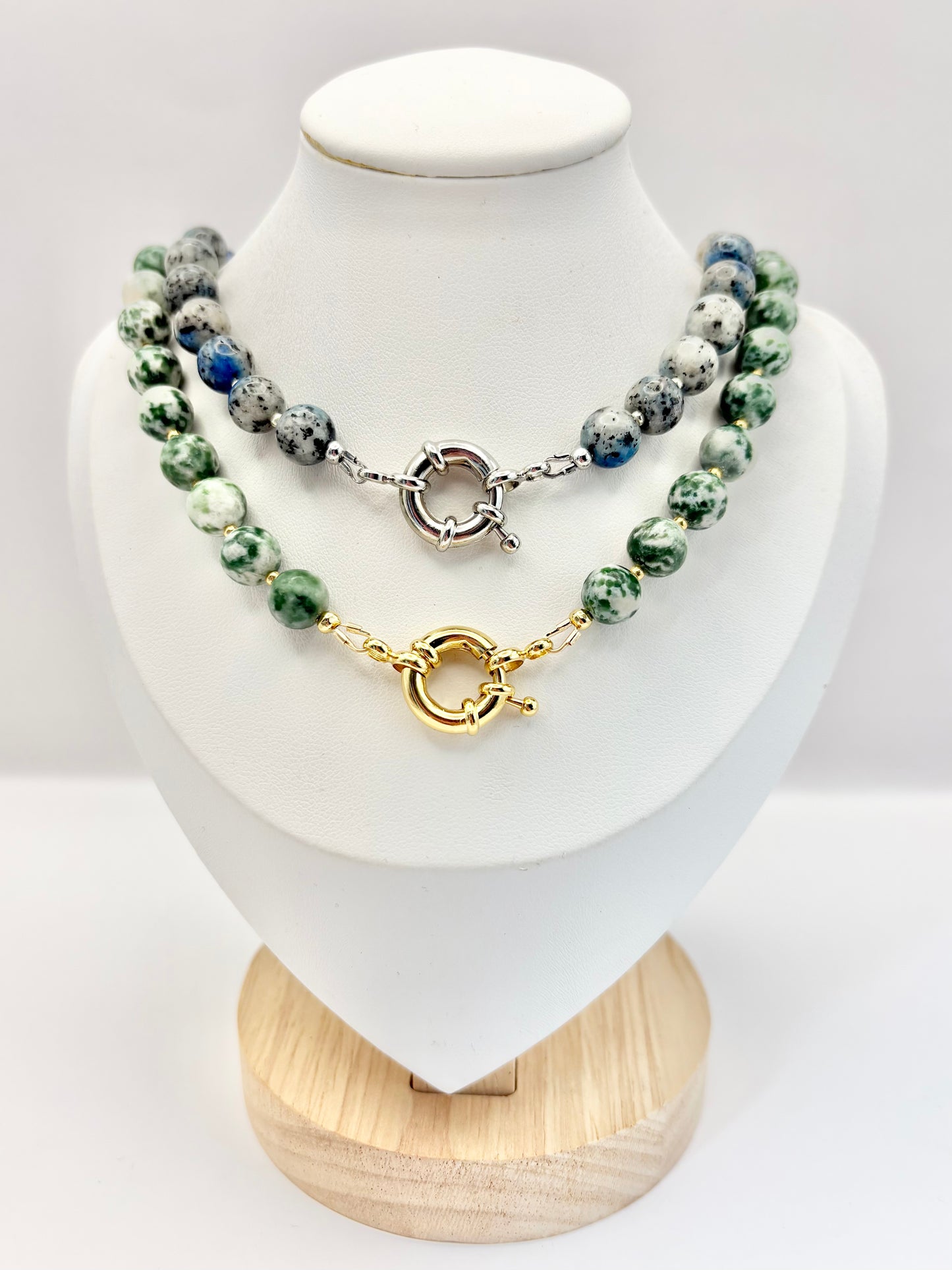 Green & White Camouflage Jasper Gemstone Necklace, Spring Clasp