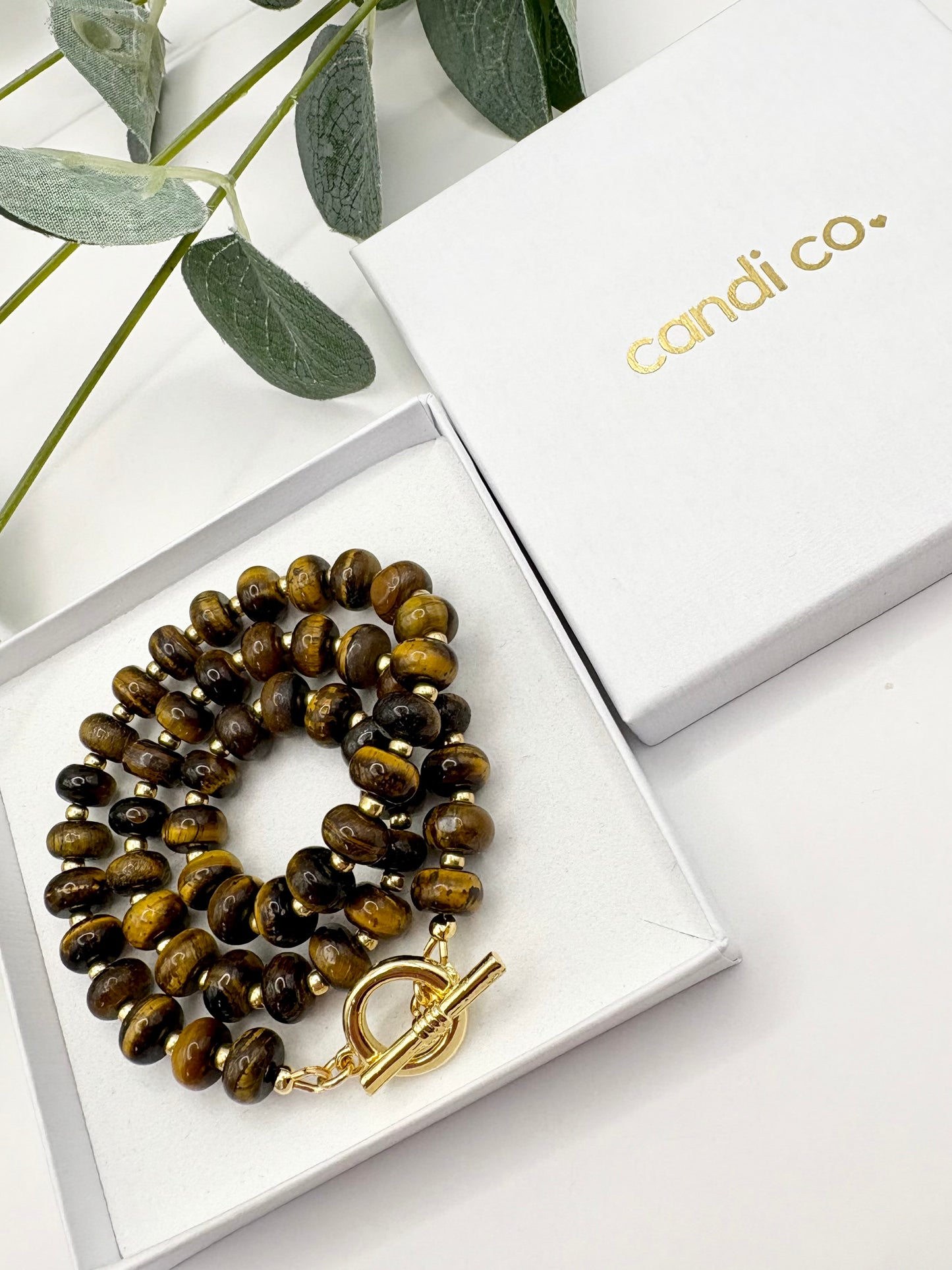 Tiger's Eye Rondelle Beaded Gemstone Necklace With Toggle Clasp - Gold-Plated