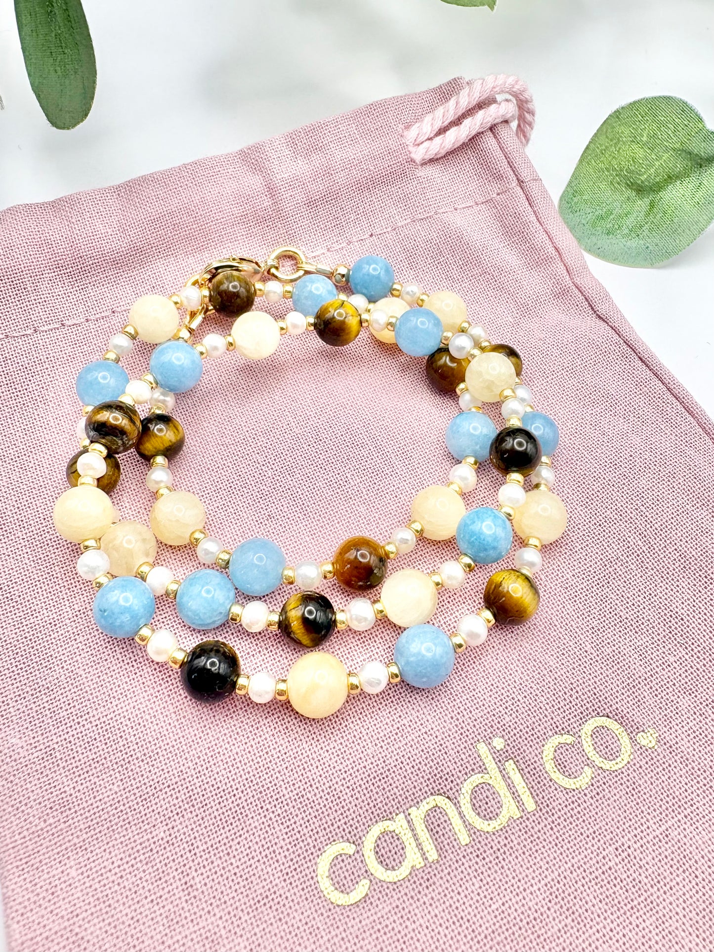 Tigers Eye, Honey Jade, Blue Sponge Quartz & Freshwater Pearl Necklace