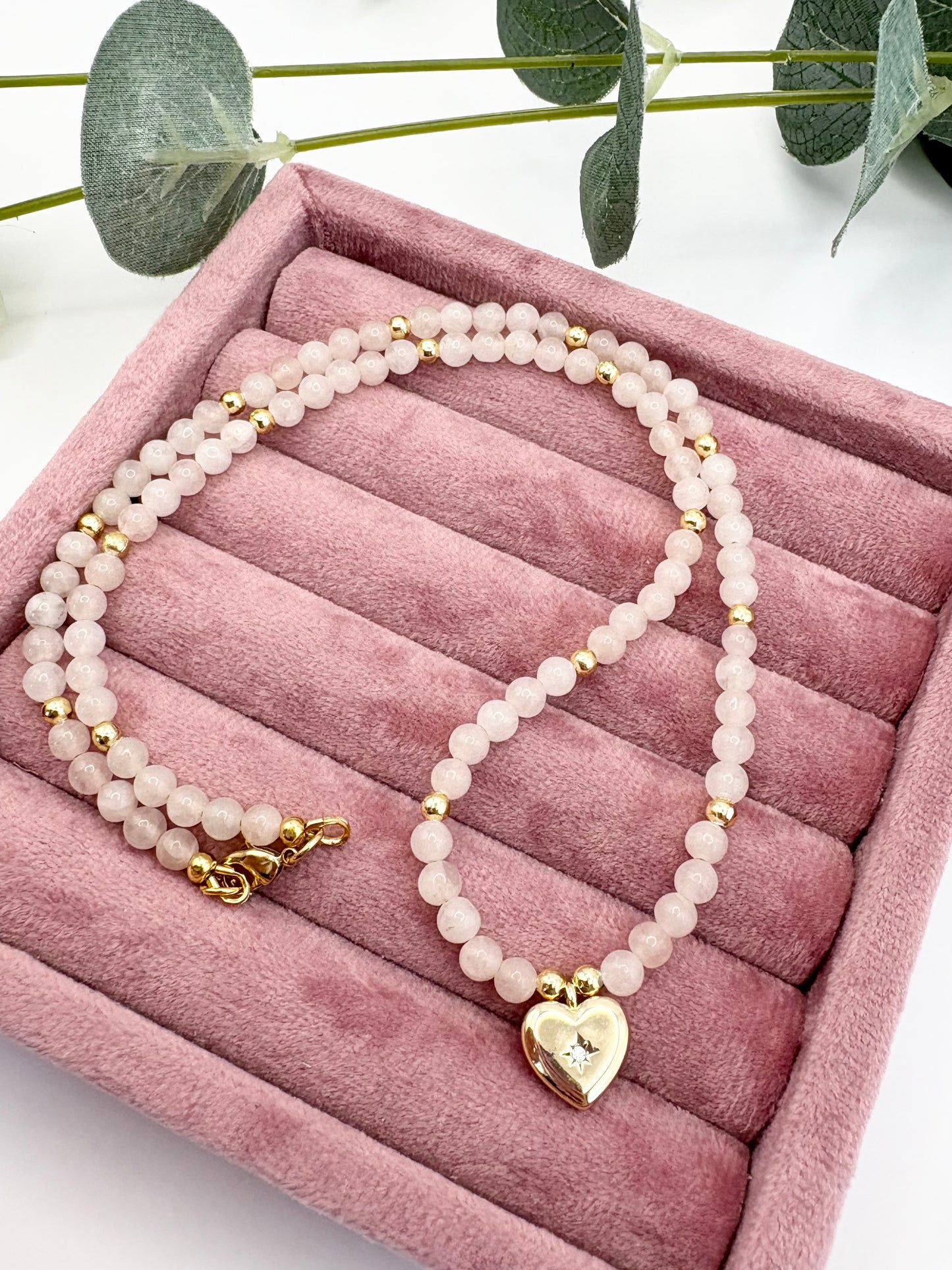 Rose Quartz Gemstone & Gold Heart Charm Necklace