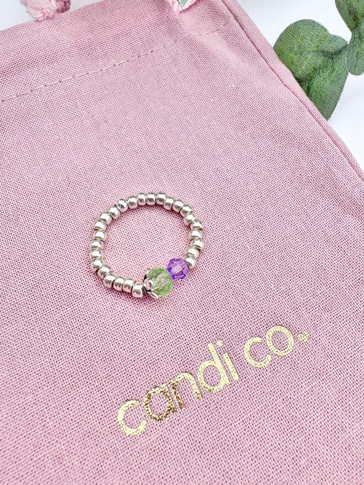 Thistle Seed Beaded Stretch Ring - Silver