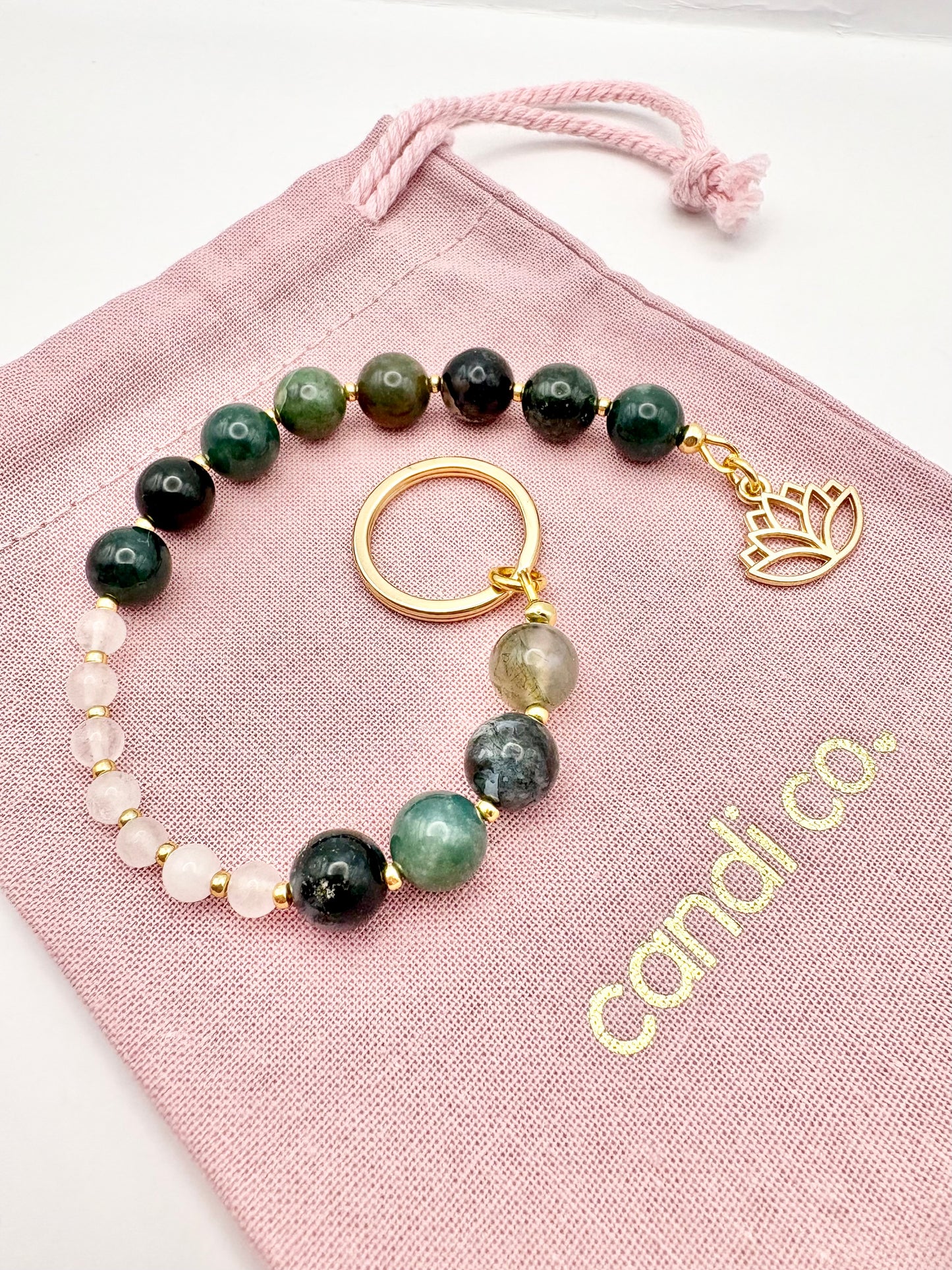 Breathing Beads Keyring - Green Moss Agate With White Jade