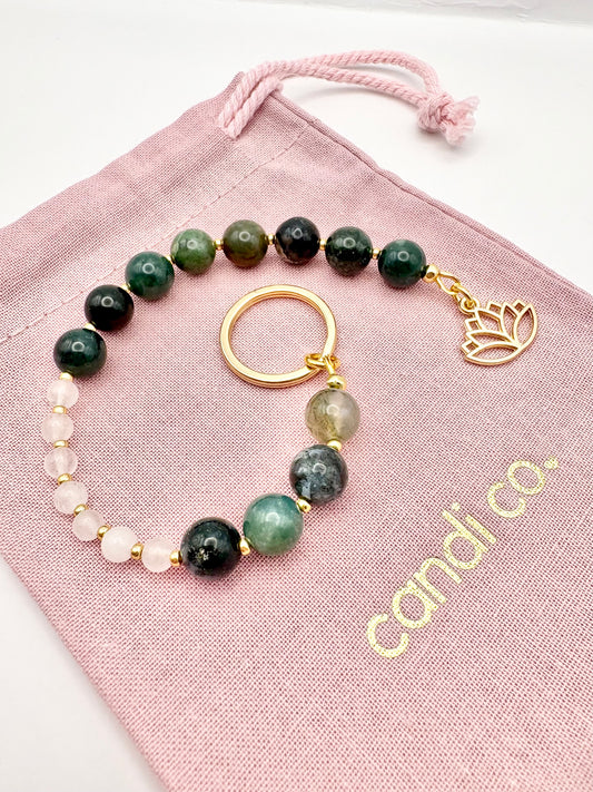 Breathing Beads Keyring - Green Moss Agate With White Jade