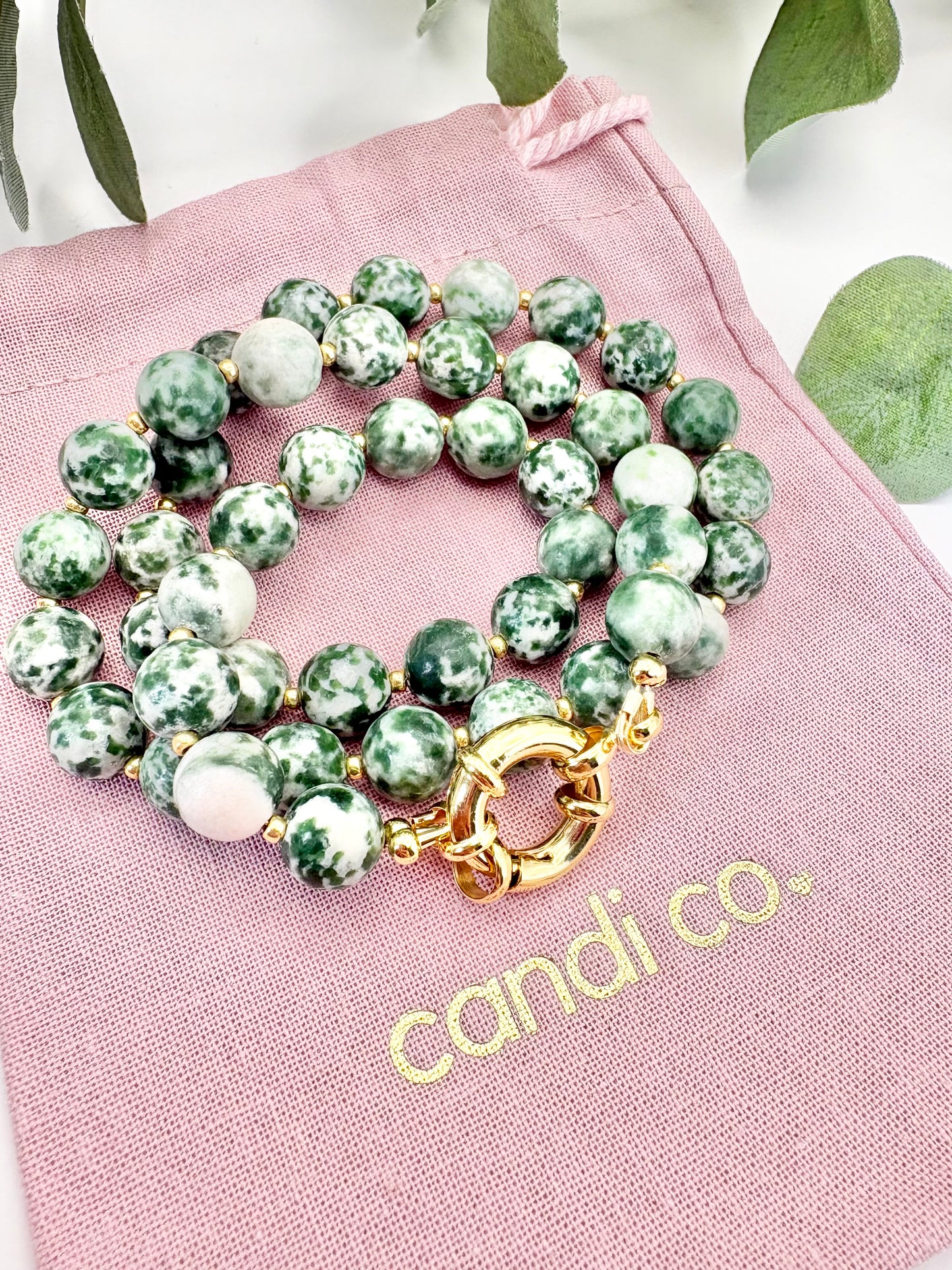 Green & White Camouflage Jasper Gemstone Necklace, Spring Clasp