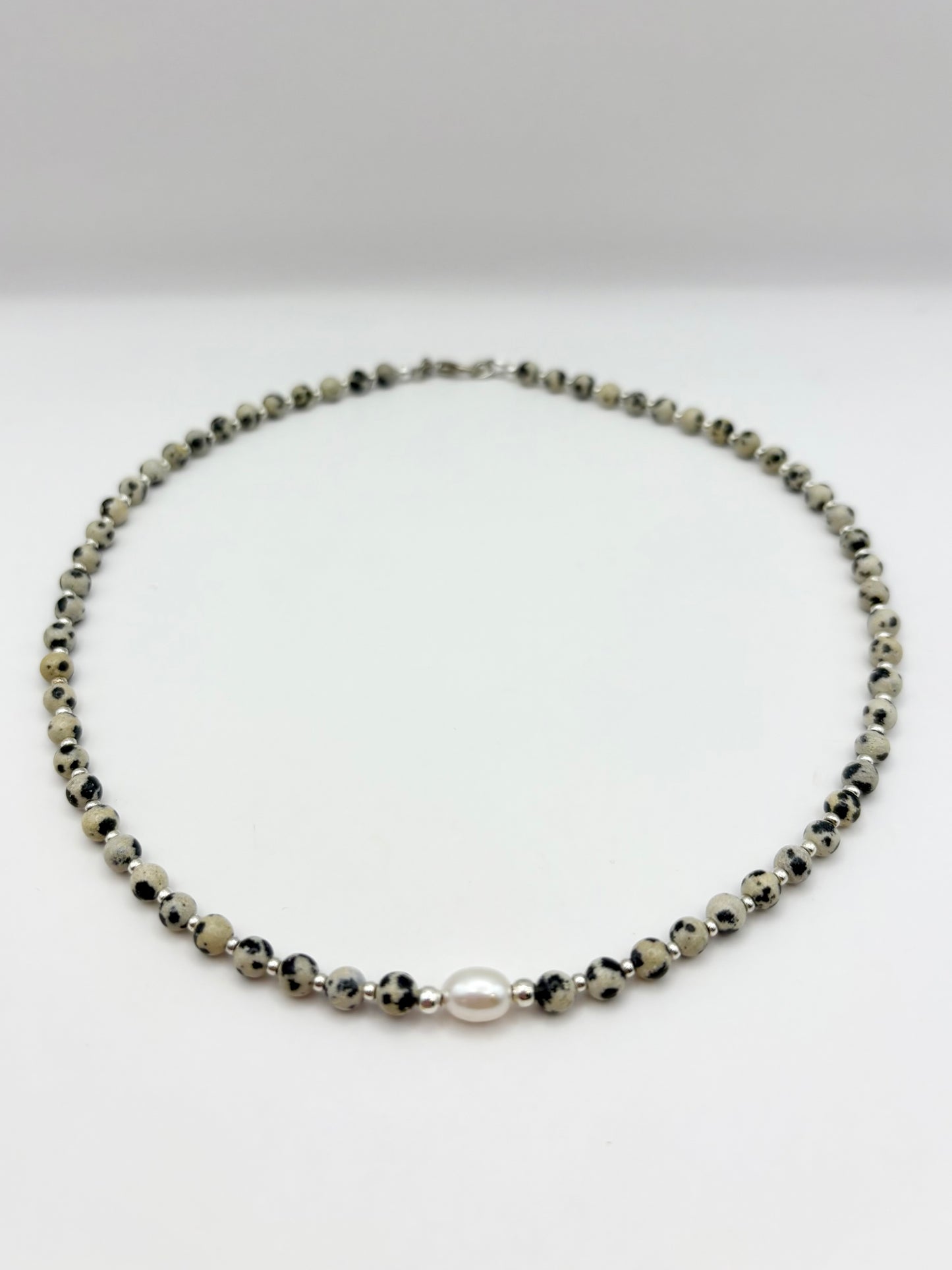 Dalmatian Jasper Gemstone With Freshwater Pearl Necklace - Sterling Silver or Plated