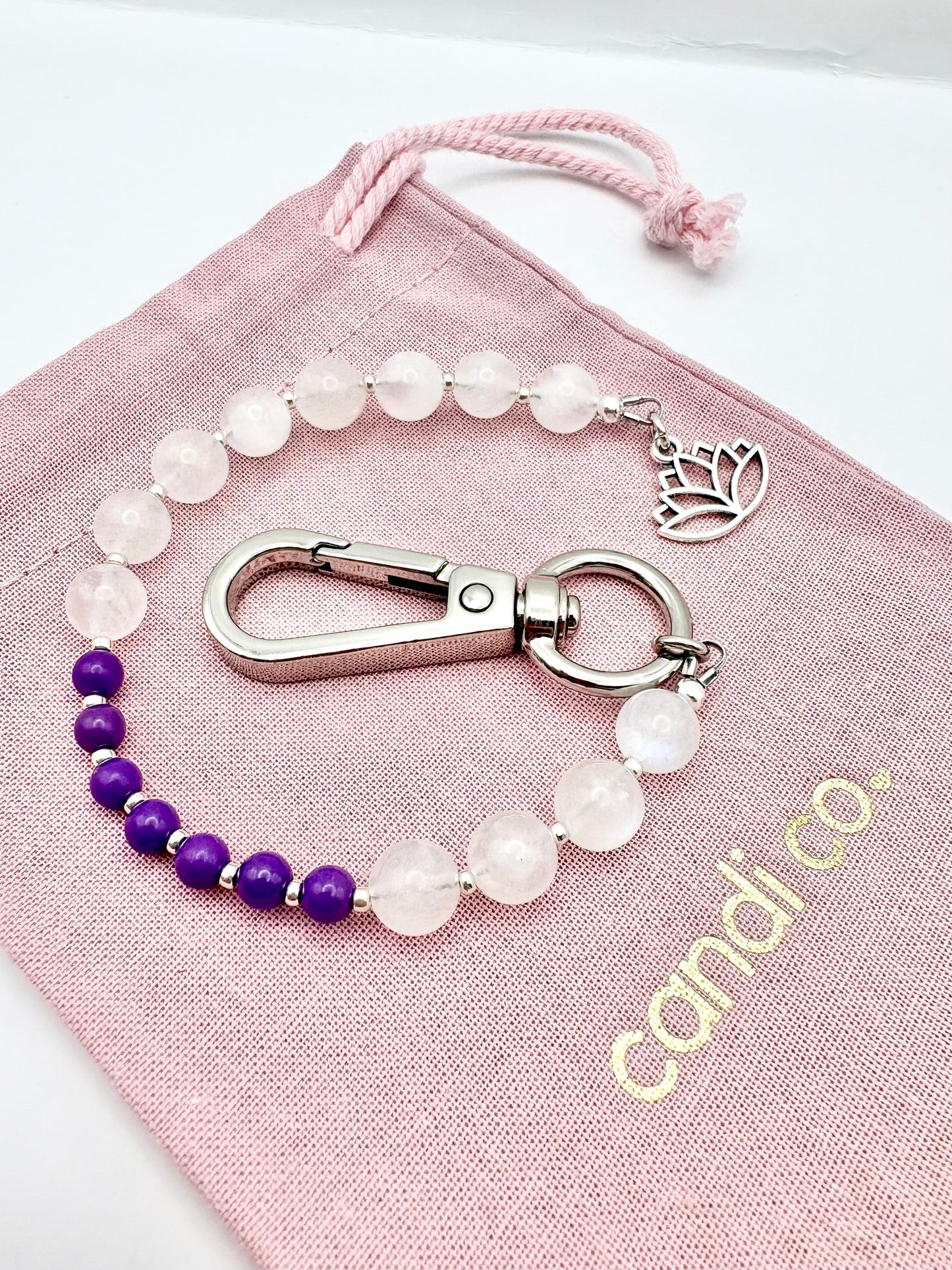 Breathing Beads Keyring - Moonstone With Purple Phosphosiderite
