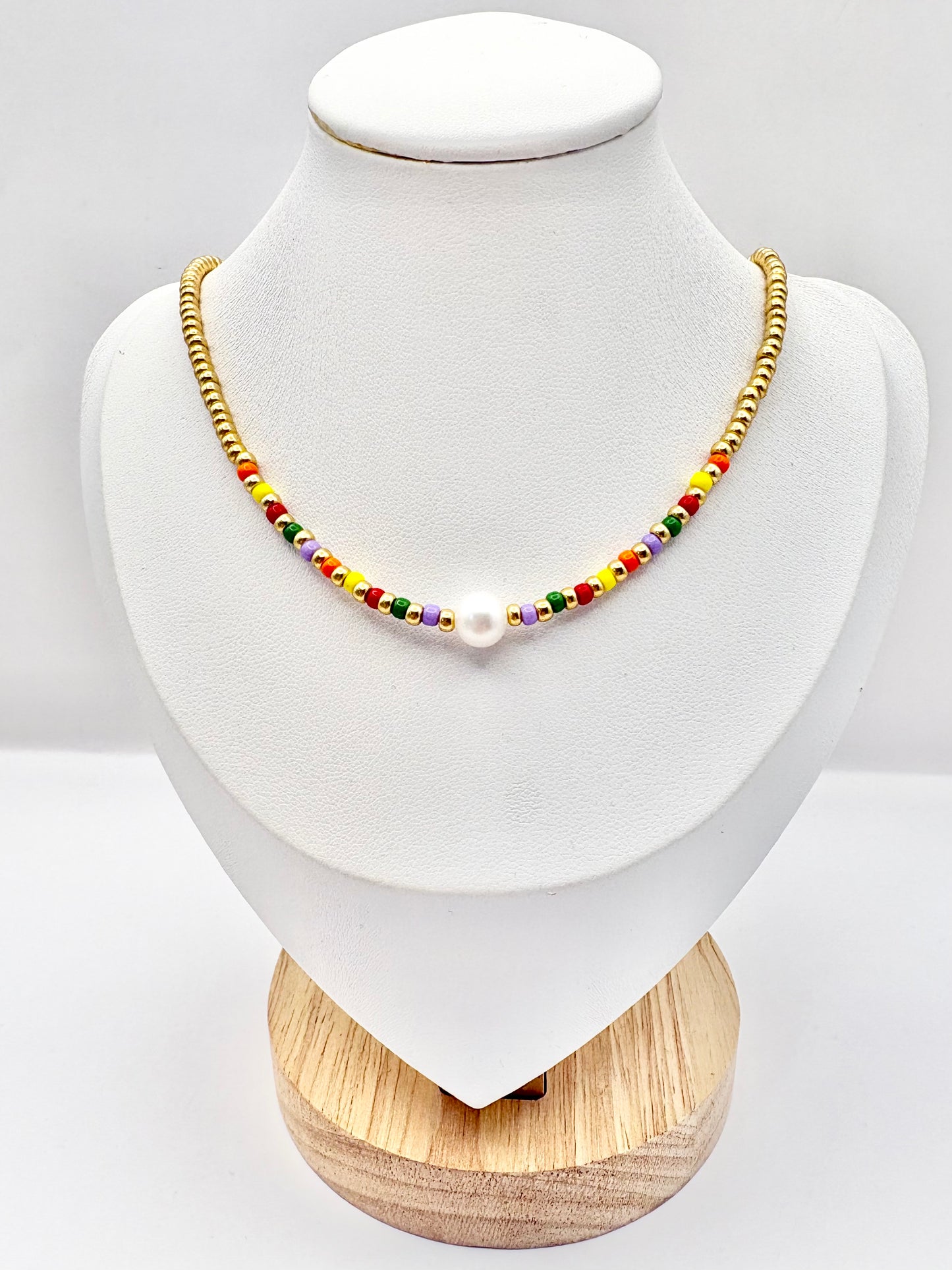 Colourful Seed Bead & Freshwater Pearl Necklace - Gold